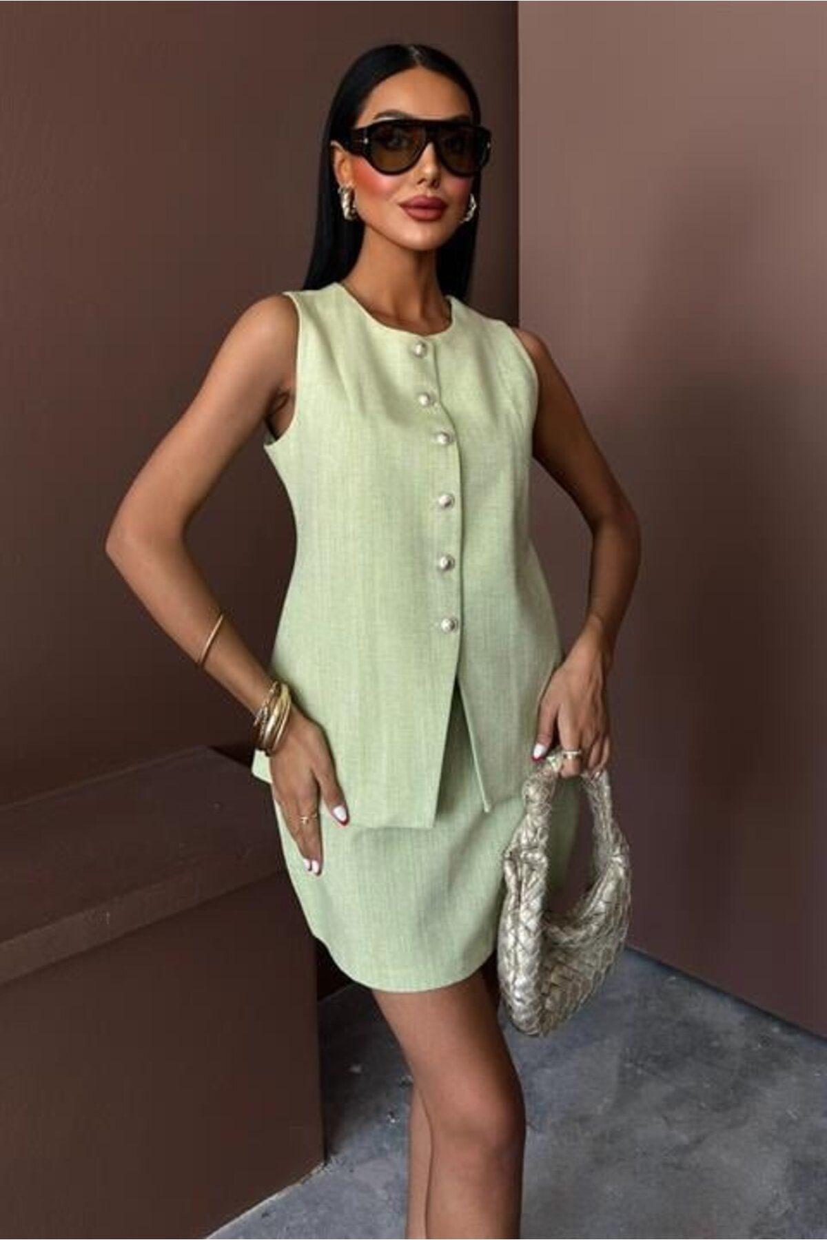 velmorafashion Uzun Yelek Mini Etek Flamlı Keten Takım 10148