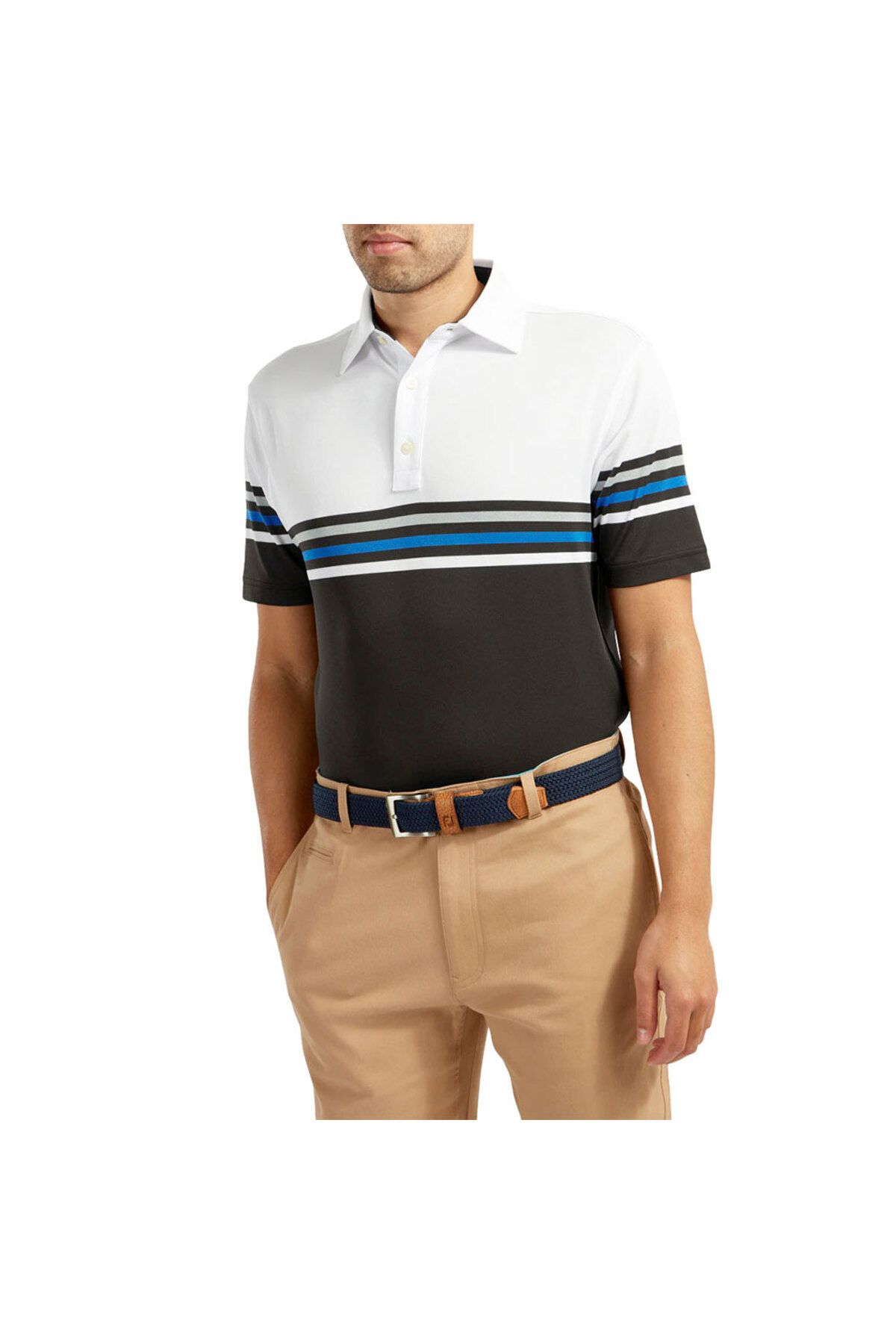 FootJoy Stretch Pique Renk Bloklu Polo Yaka Wht/Blk Golf T-Shirt 90366