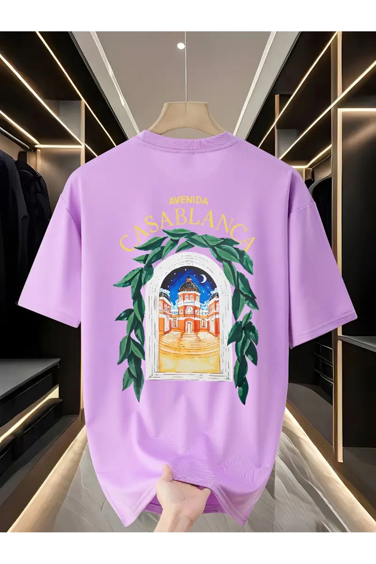 aynewmoda Günlük Büyük Boy Tişört, Yuvarlak Yaka - Casablanca Fiyonk Baskılı Kısa Kollu Yazlık Tişört,