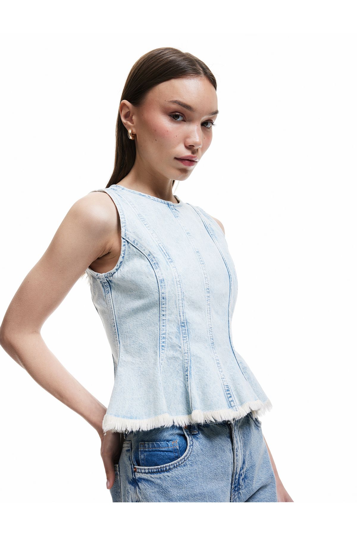 Koton Fermuar Detaylı Bisiklet Yaka Kolsuz Denim Atlet