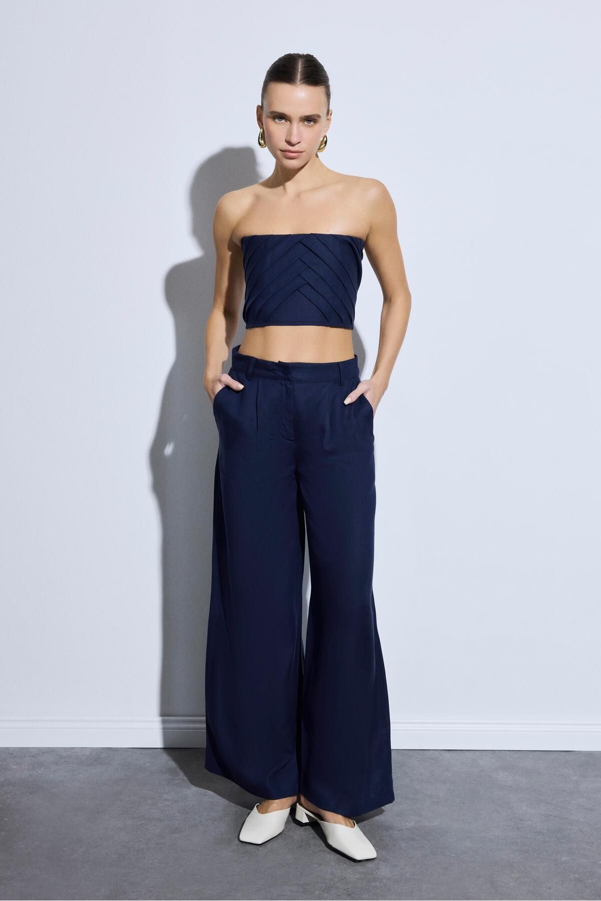 AURA BEA %100 KETEN CROP TOP MARİN