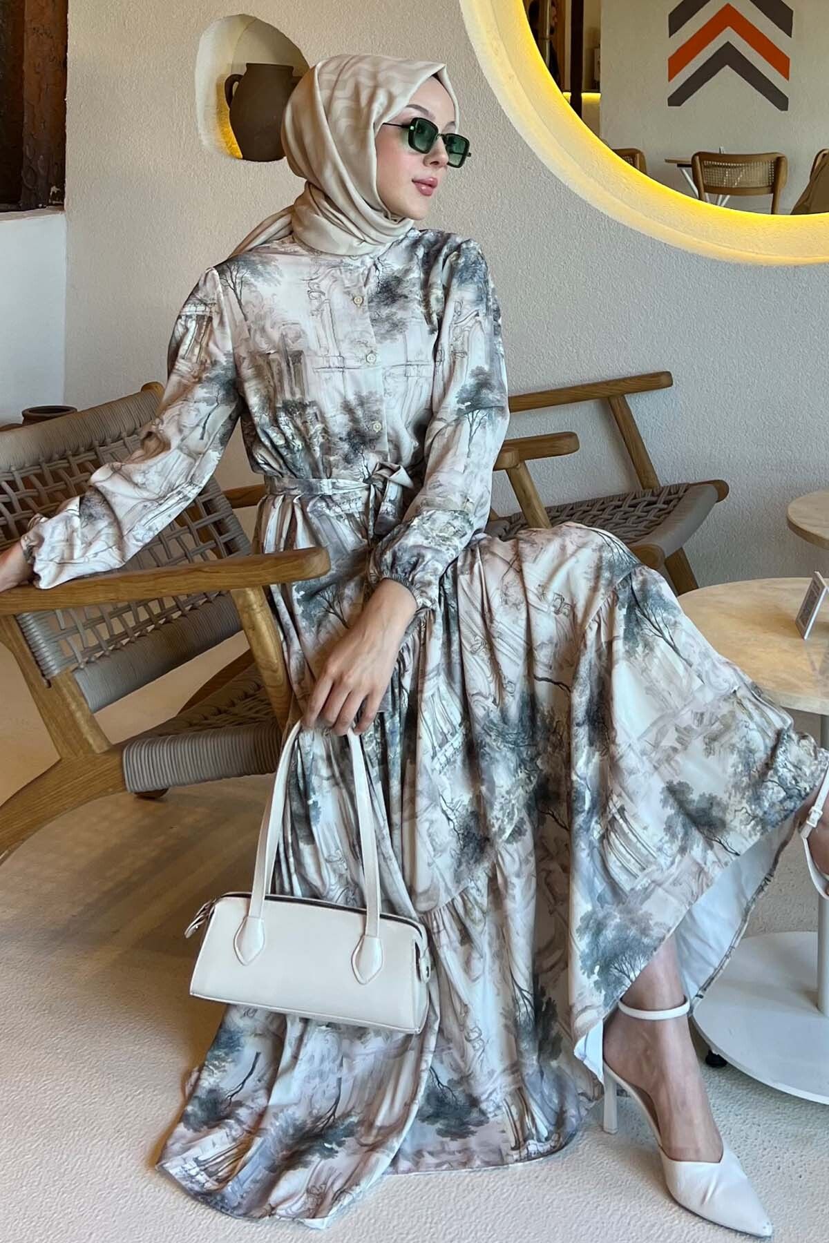 giyze Desenli Tesettür Elbise Çağla 510