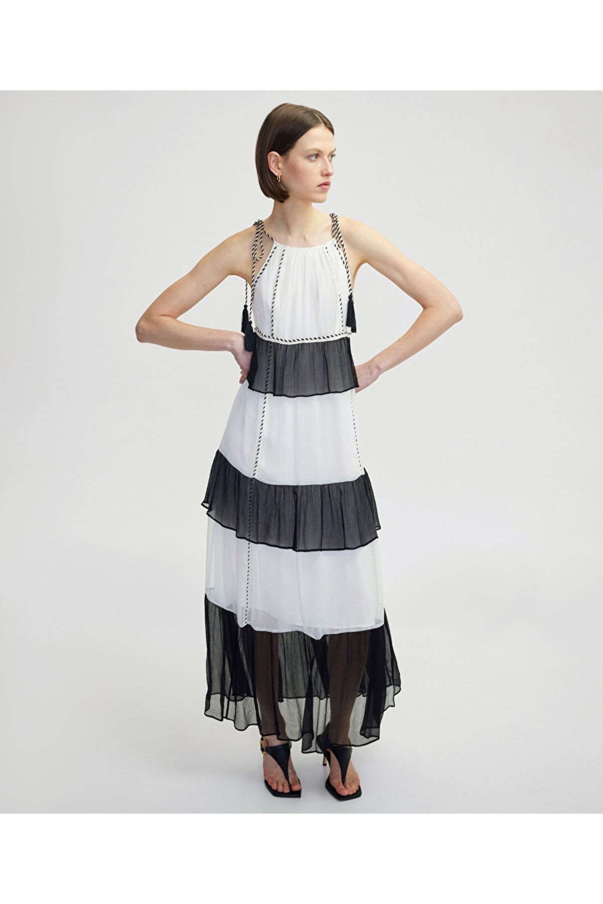 Halter yaka colorblock elbise - 2