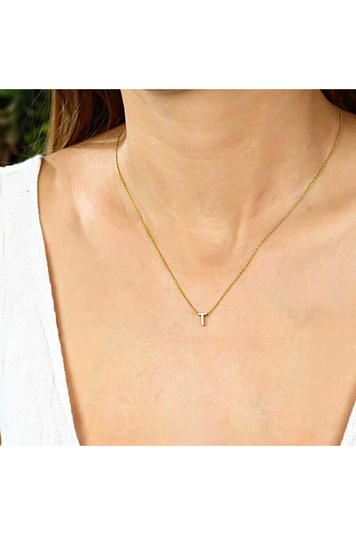 ecepazarlama Gümüş Gold 3 Boyutlu T Harf Kolye