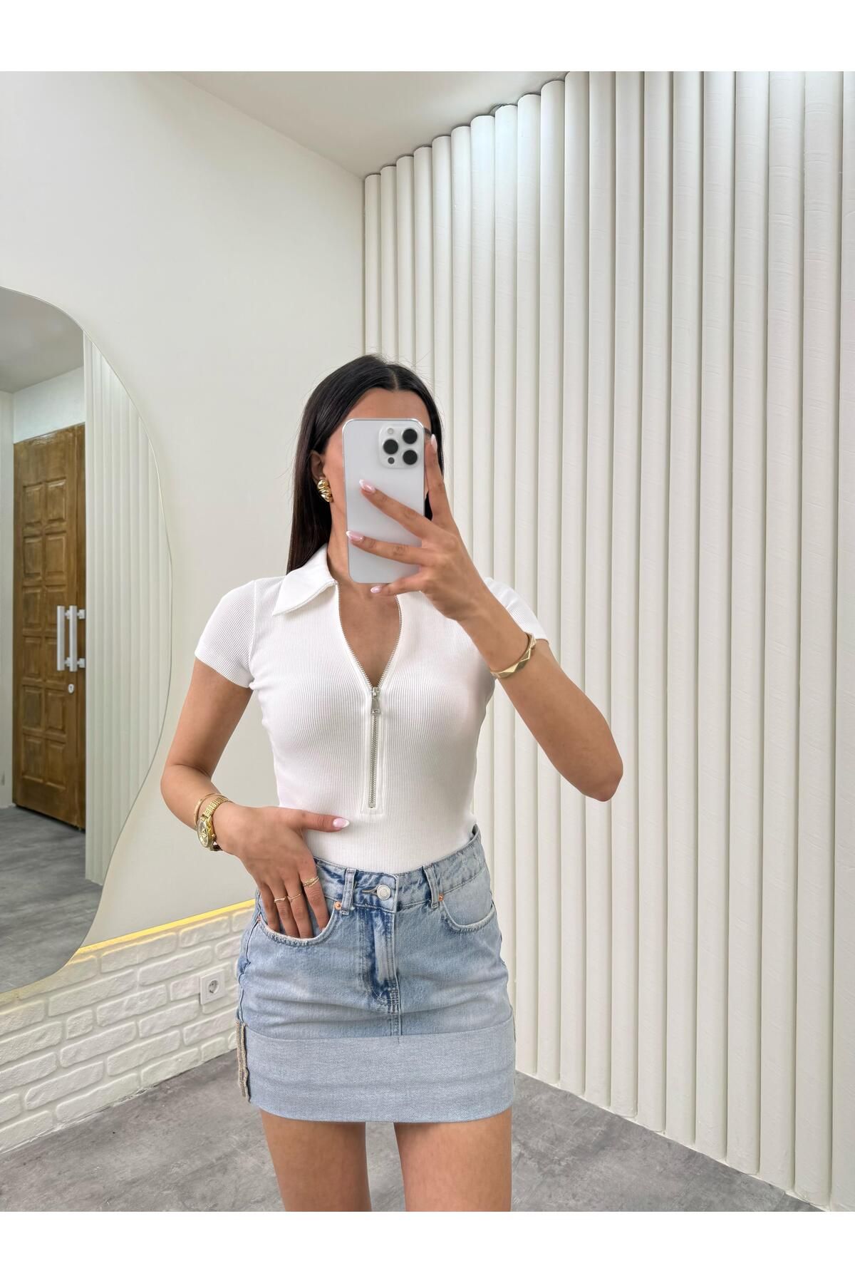 Gaus Beyaz Önü Fermuarlı Tshirt Gaus00330