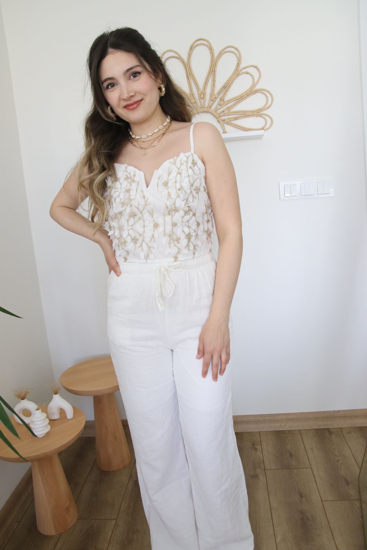 Nihanello Butik müslin beli bağcıklı beyaz lpantolon