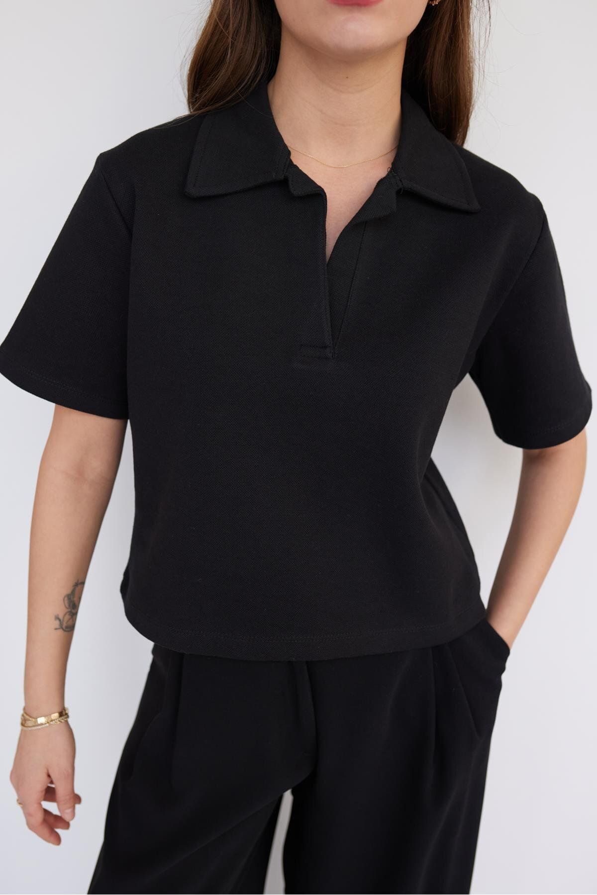 bysedaortac Siyah Polo Yaka Koton Kumaş T-Shirt