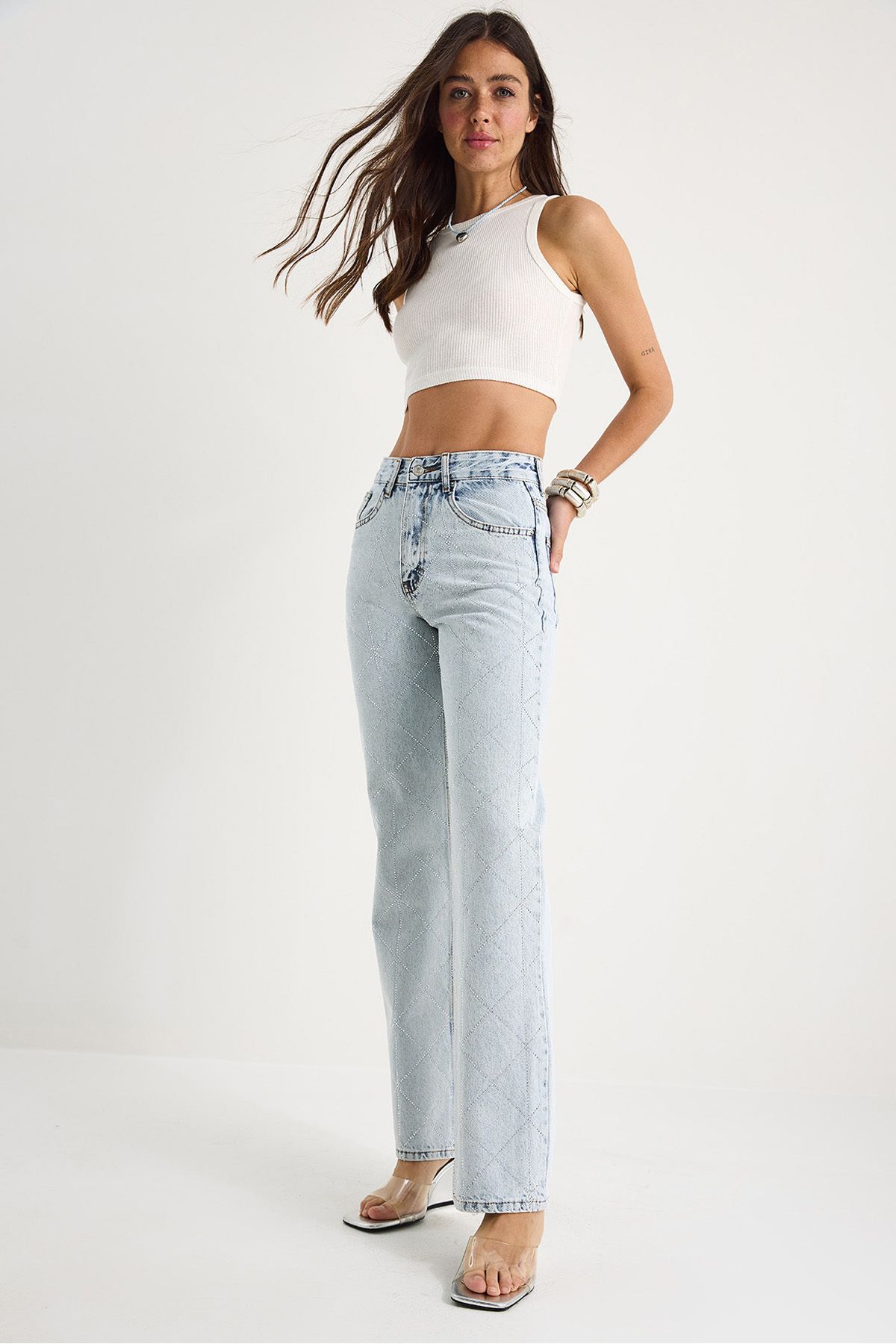 Bianco Lucci Kadın Baklava Desenli Dijital Taş Baskılı Straight Denim Pantolon 488 60283287
