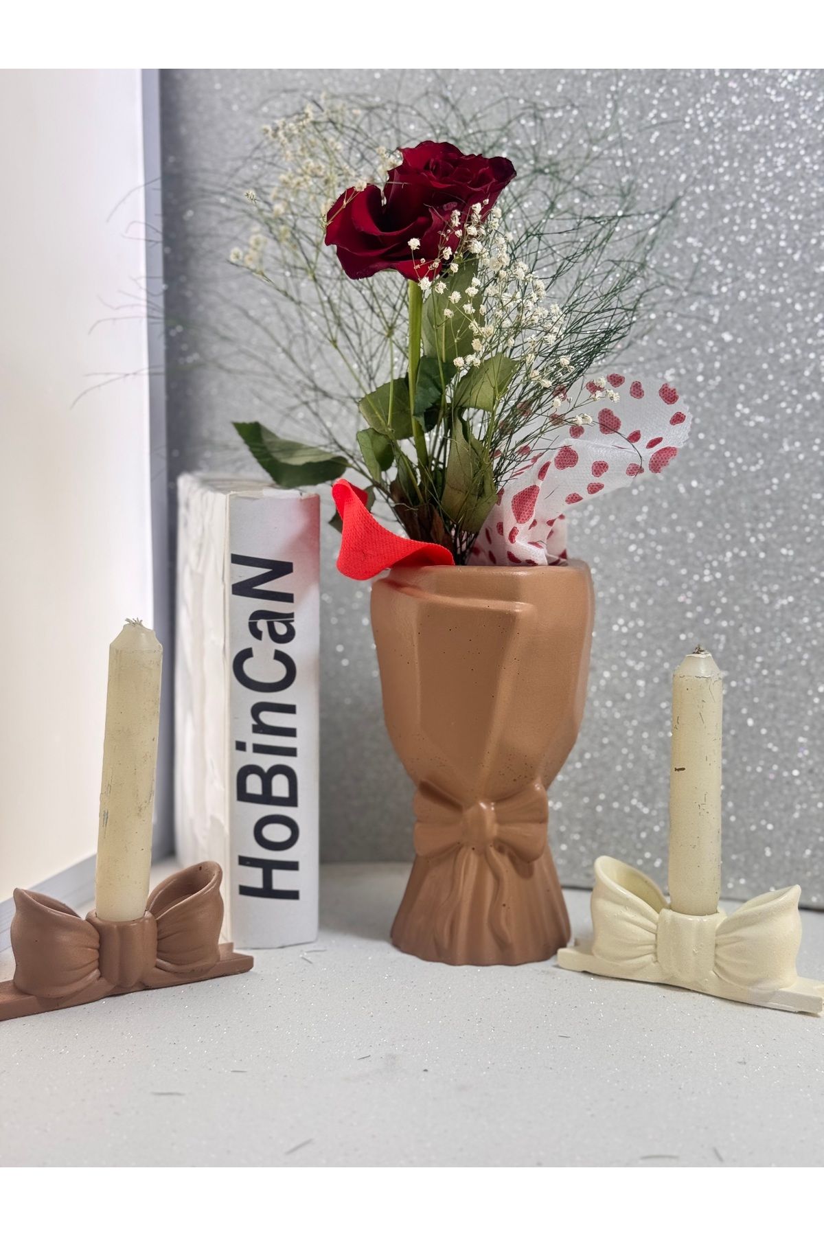 BLANJ Iskandinav Büyük Buket Vazo Biblo Çiçeklik Dekoratif Fiyonklu 2 li mumluk Vazo 20x10x10cm Bohem