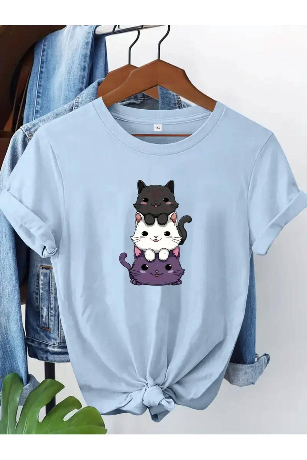 LUNAVISTA Büyük Beden Kedi Baskılı Tişört, İlkbahar Yaz Yuvarlak Yaka Kısa Kollu Gömlek, Büyük Beden Giyim