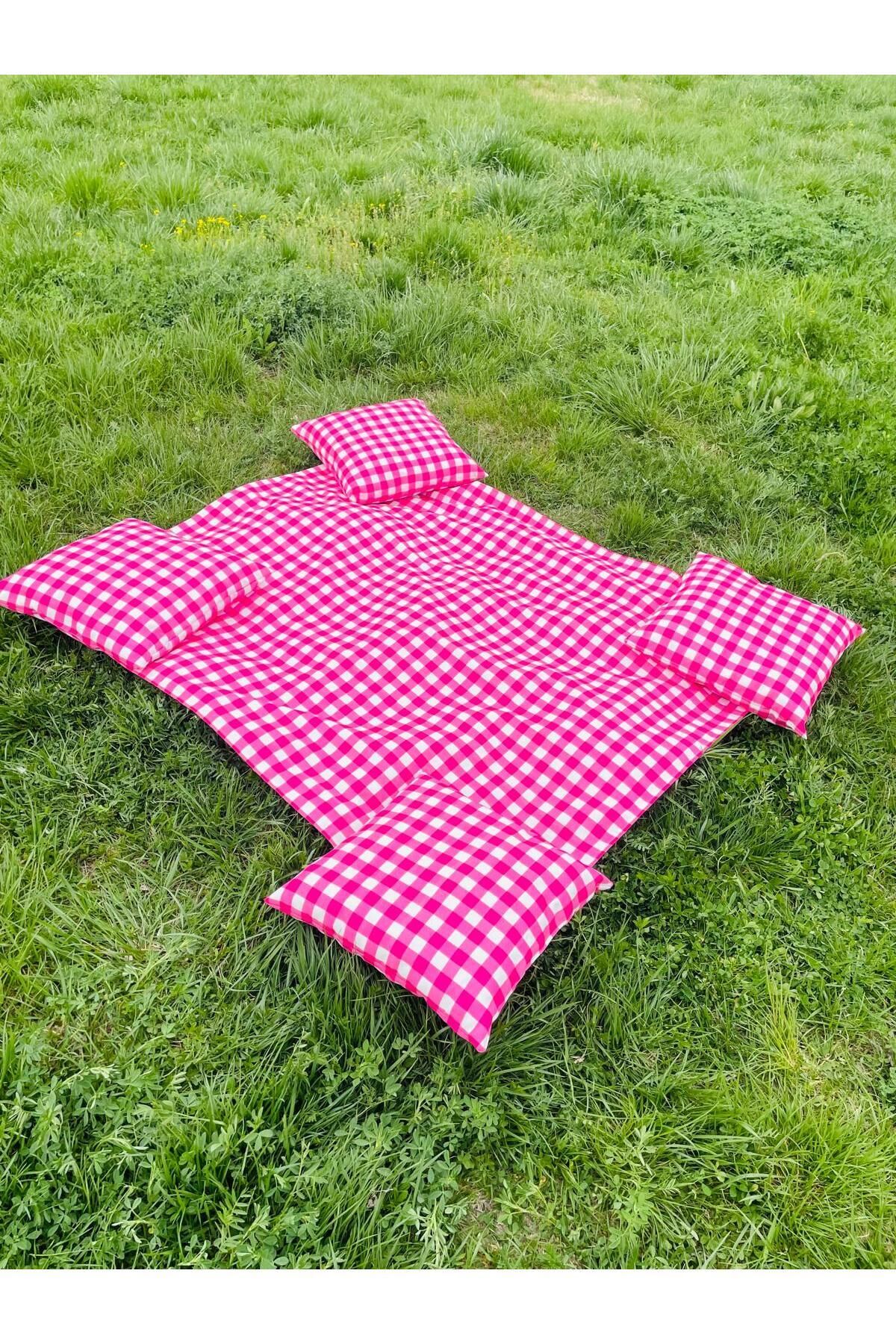 BEYZACA Geometrik Seri, Pembe Pötikare Desenli Tasarım Minderli Piknik Örtüsü Seti