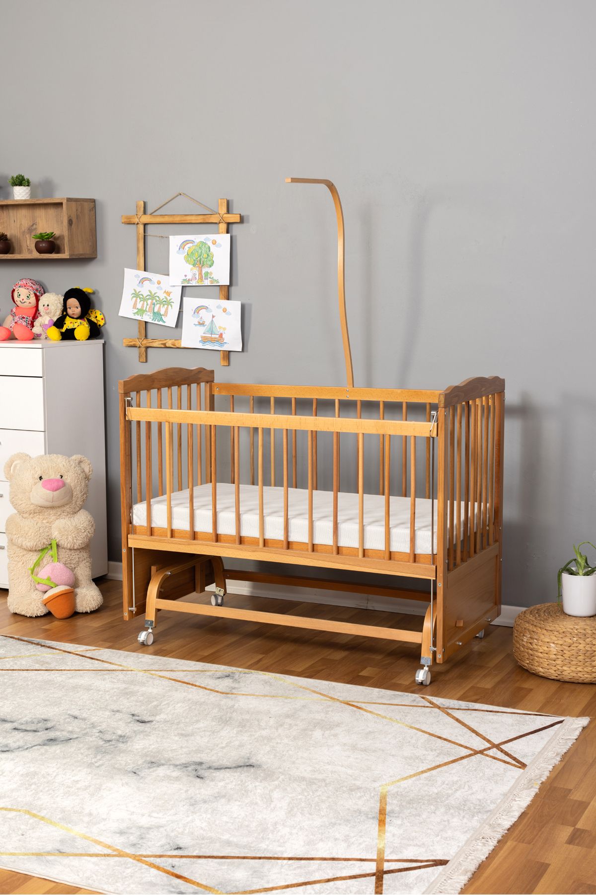 Carino Wins Ahşap Beşik Anne Yanı Yeni Doğan Tutku Doğal Bebek Beşiği TEK YATAK + TEKERLEKLİ