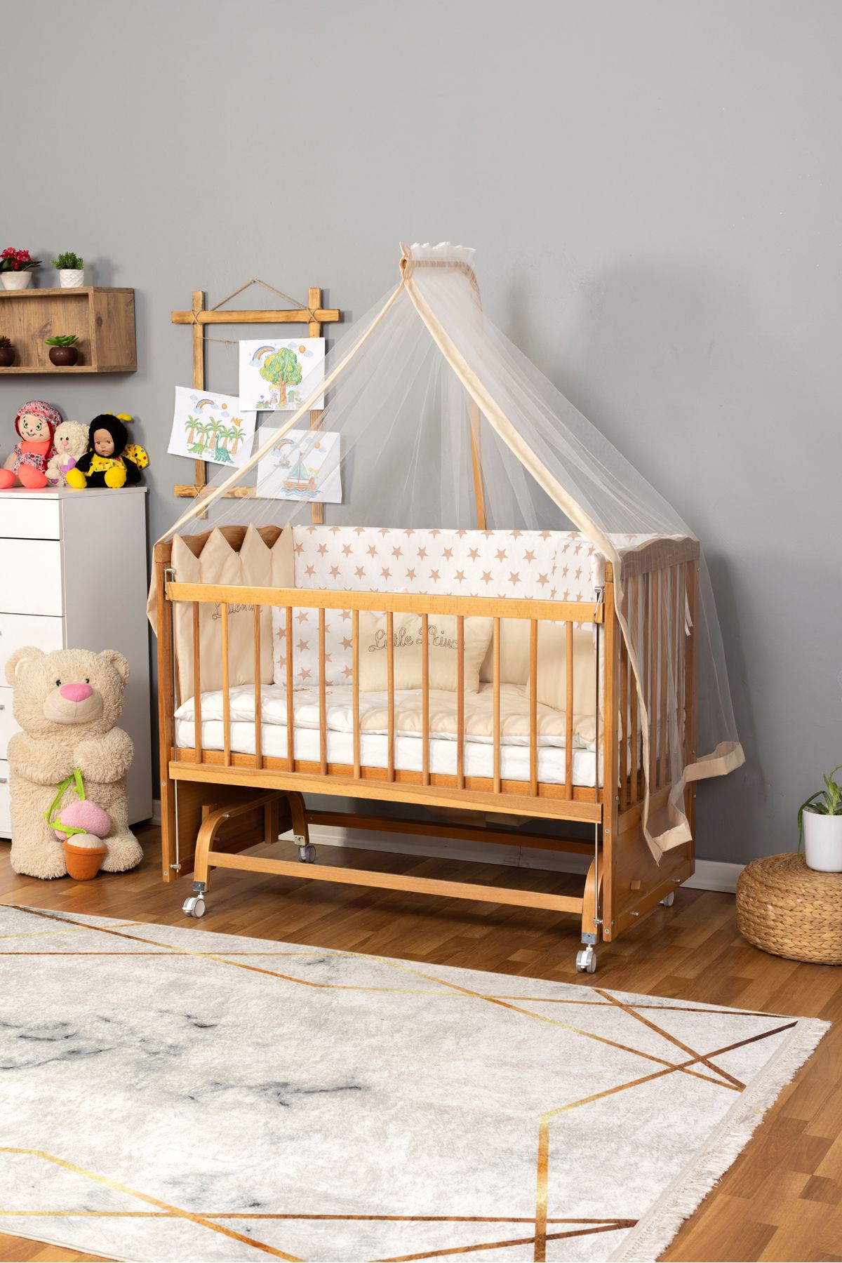Carino Wins Ahşap Beşik Anne Yanı Yeni Doğan Tutku Doğal Bebek Beşiği KREM NAKIŞ ERKEK UYKU SETLİ +TEKER