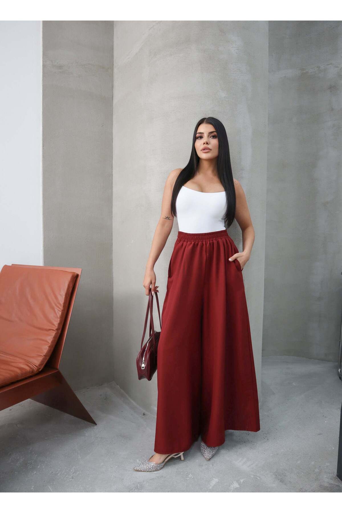 Hatun Atila Filamlı Keten Etekli Pantolon 8826 Bordo