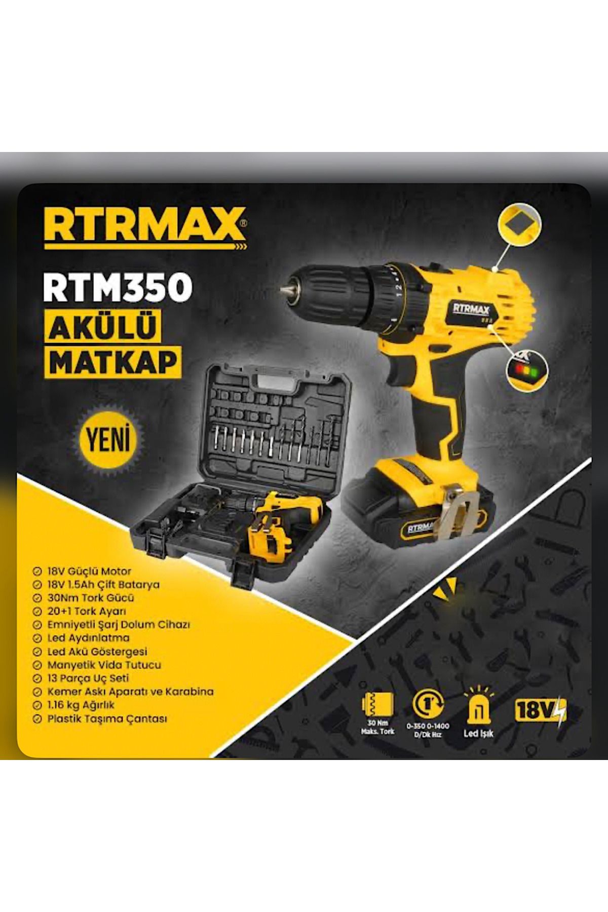 Rtrmax RTM350 AKÜLÜ MATKAP 18V 2x1.5 Ah AKÜ 1400 D/DK 30Nm