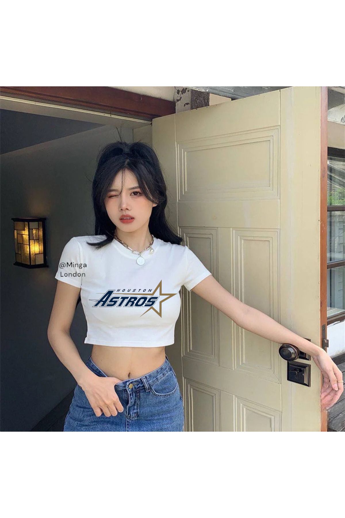 Minga London Beyaz Houston Astros Baskılı Crop Bluz -Ghostella