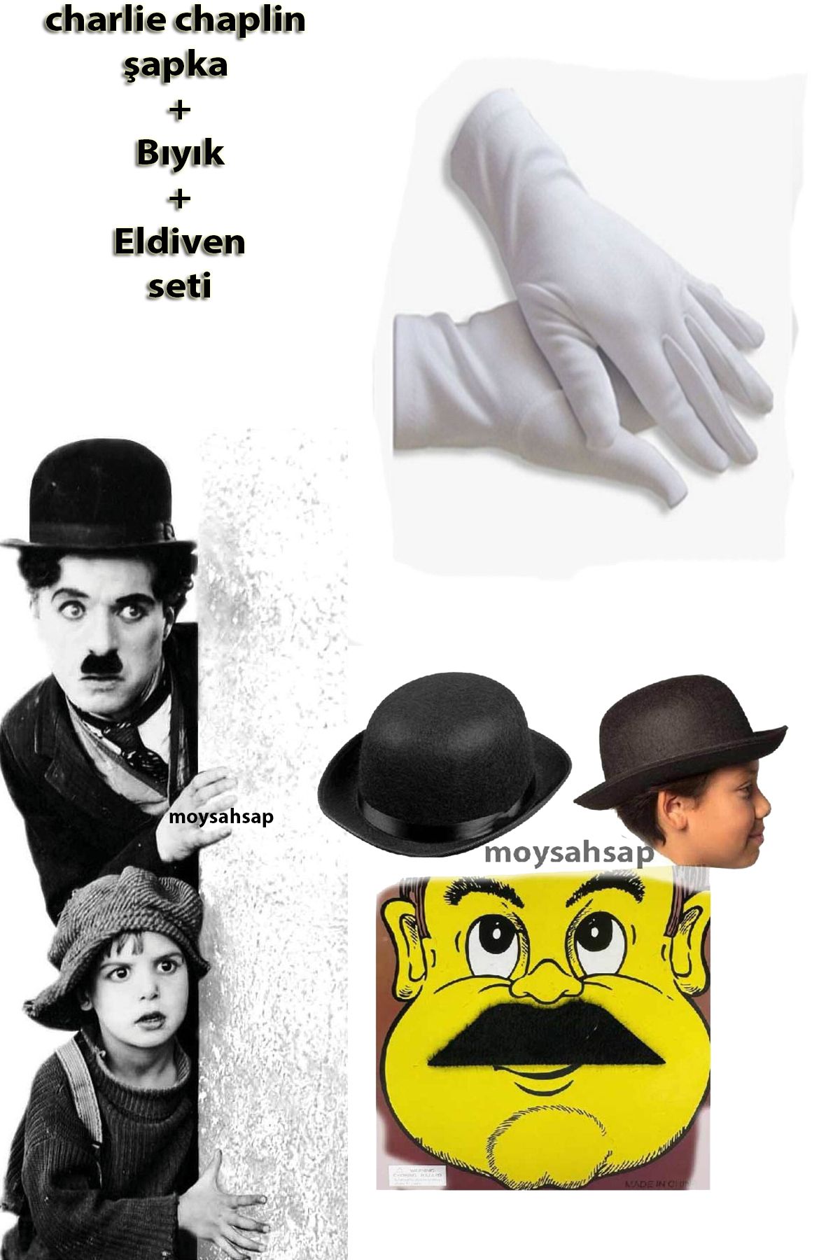 moysahsap party&ahşap Charlie Chaplin Şapka Melon Şapka Bıyık Ve Beyaz Eldiven Seti