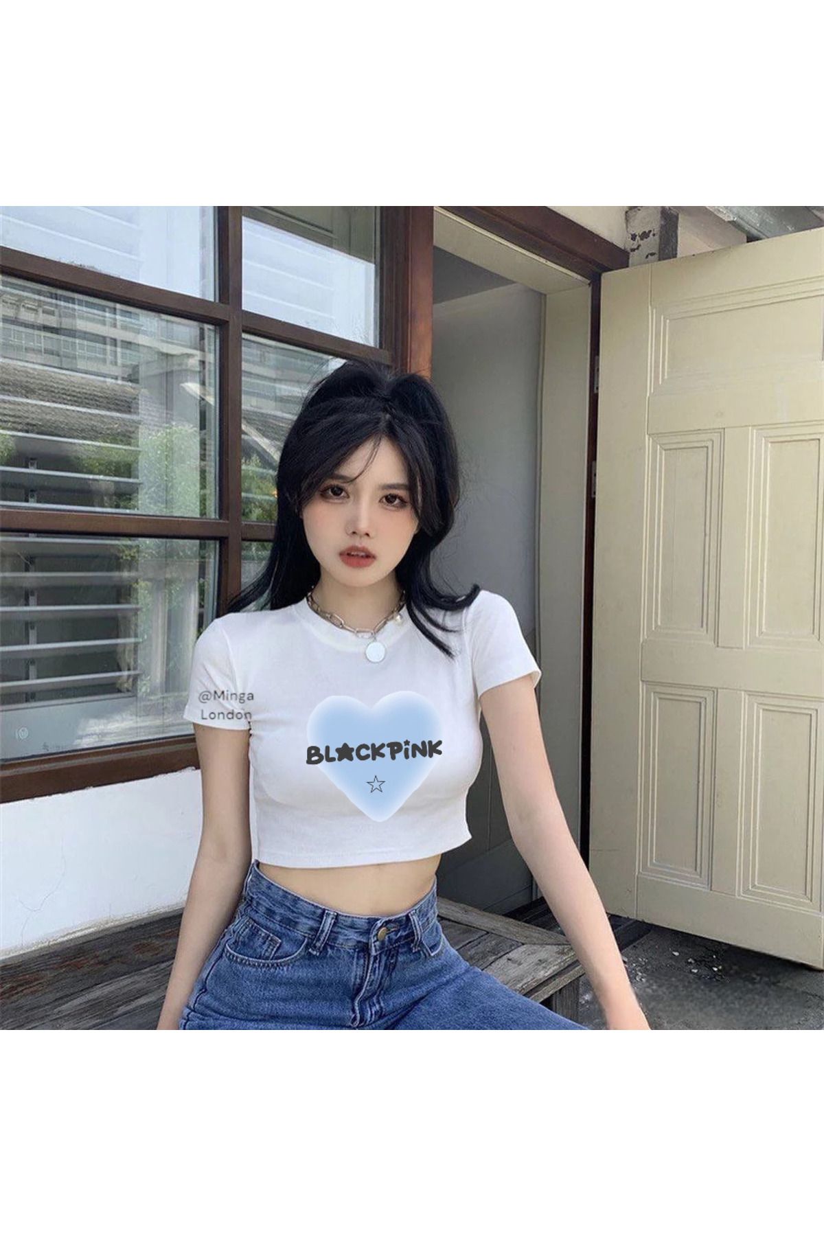 Minga London Beyaz Blackpink Blue Heart Written Baskılı Crop Bluz -Ghostella