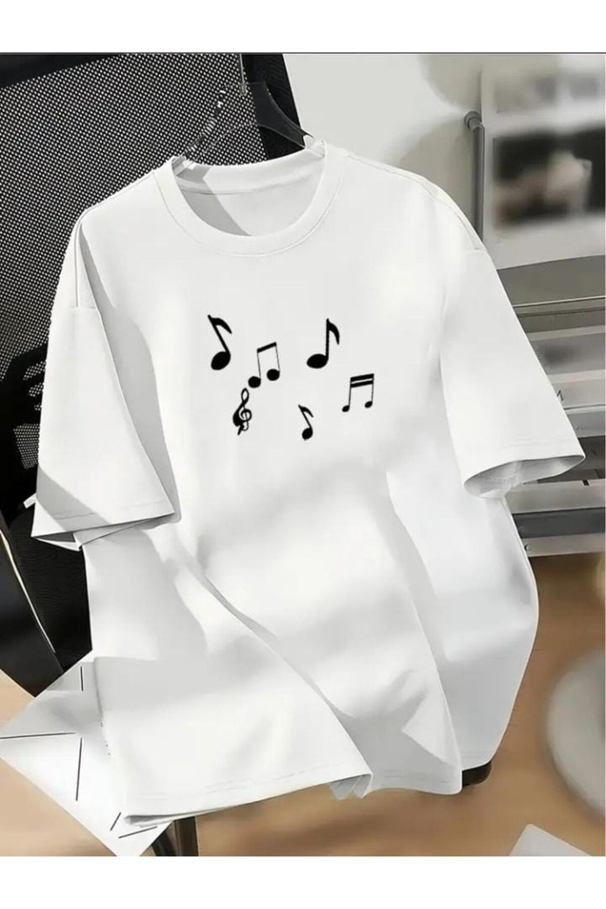 TekTarzz Unisex Müzik Notaları Baskılı Tasarım Tshirt