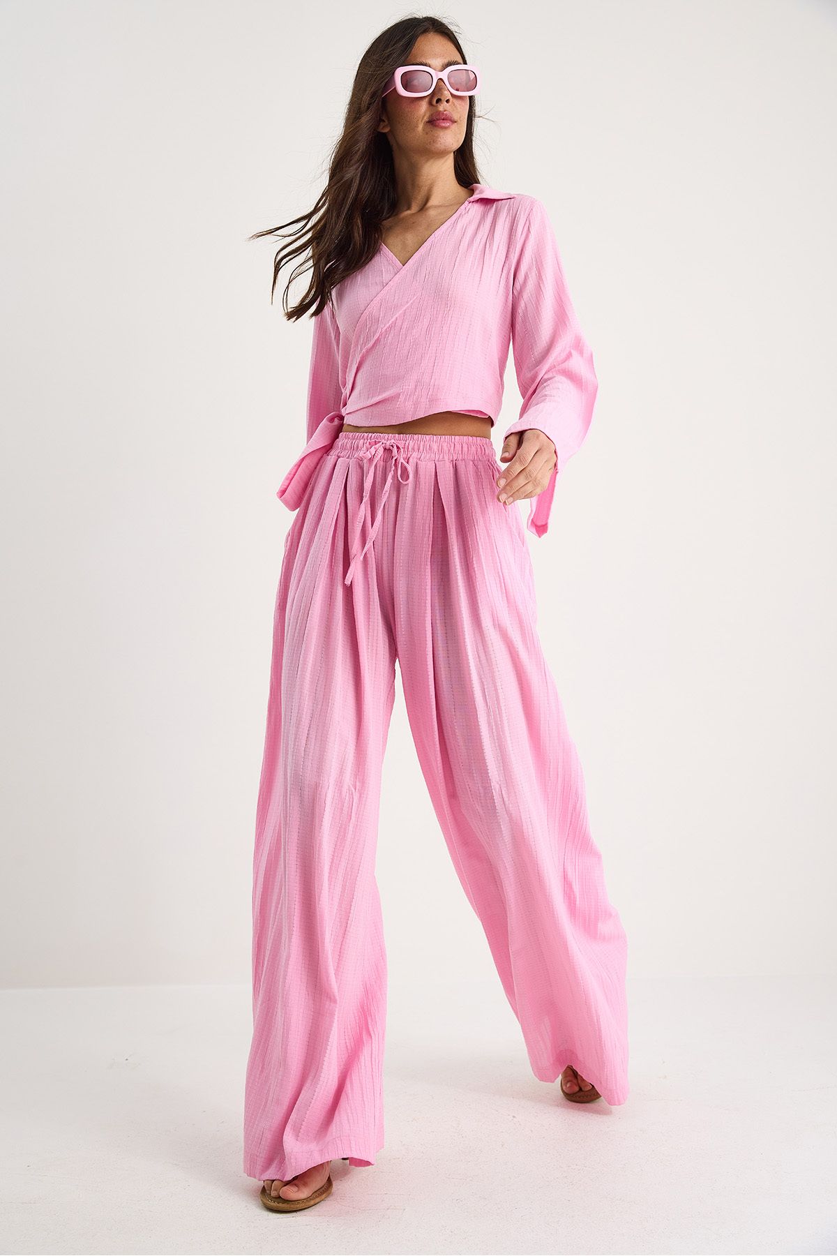 Bianco Lucci-Women's V-Neck Lacing Detailed Blouse Pocket Detailed Elastic Waist Loose Trousers Suit 60283324 5
