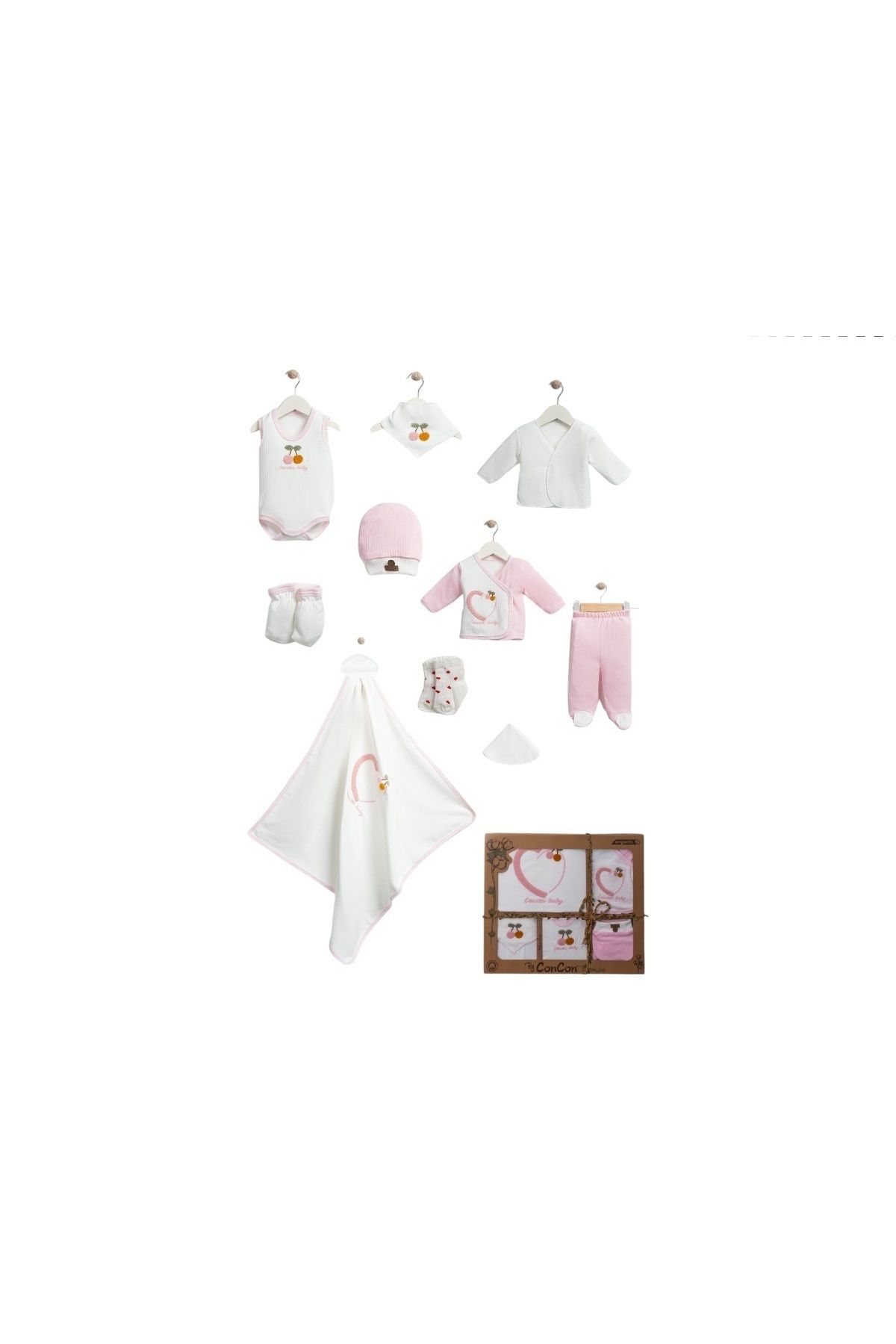 Pink Rabbits by Şan Bebe 10 Lu Organik Kirazlı Kalp Lüx Yenidoğan Kız Hastane Çıkış Set