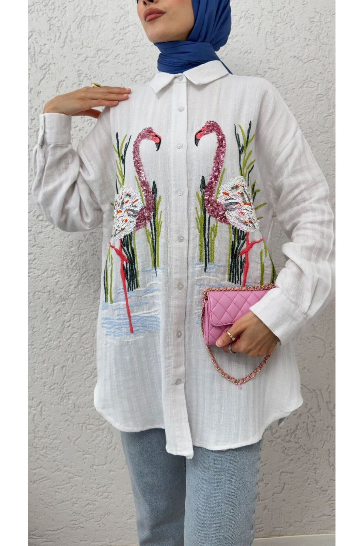 ALLMİRA FASHION Payet Nakış İşlemeli Oversize Keten Düğmeli Gömlek