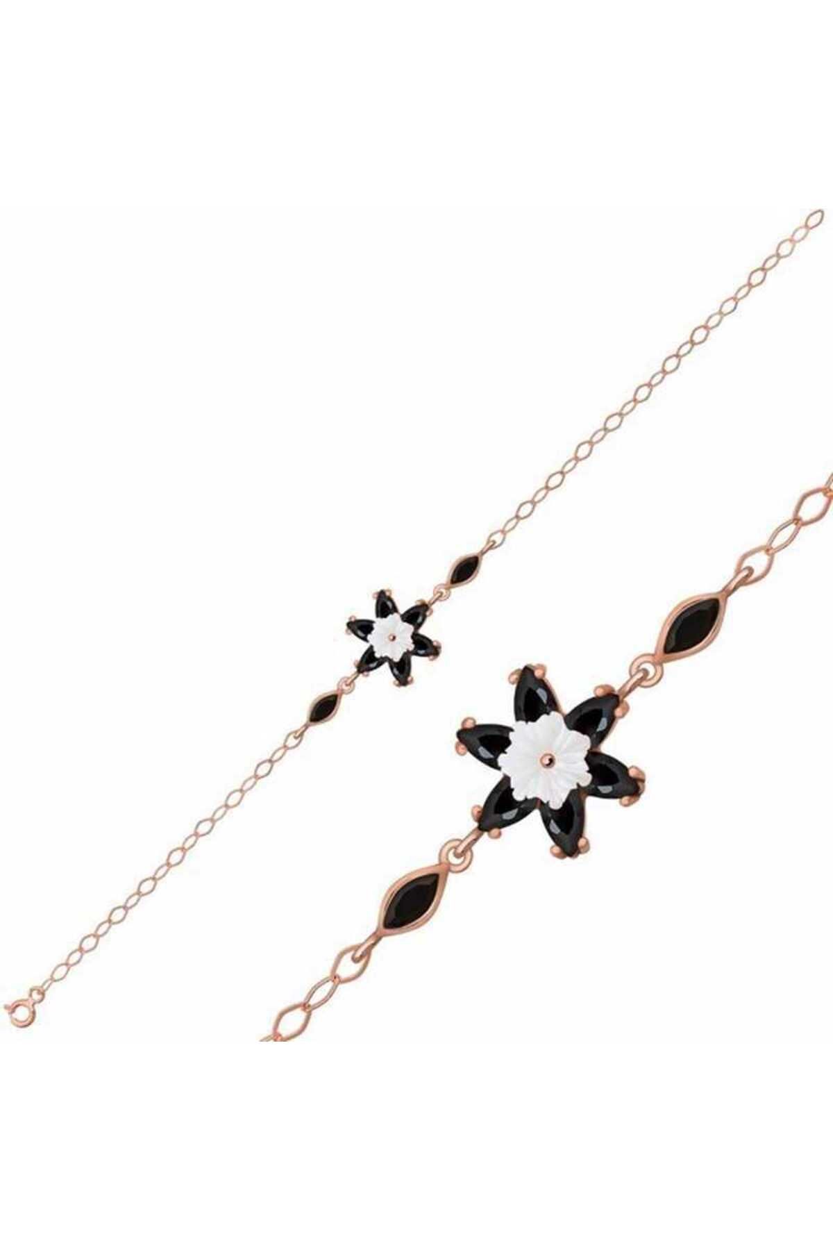 ecepazarlama Gümüş Rose Siyah Lotus Çiçeği Bileklik