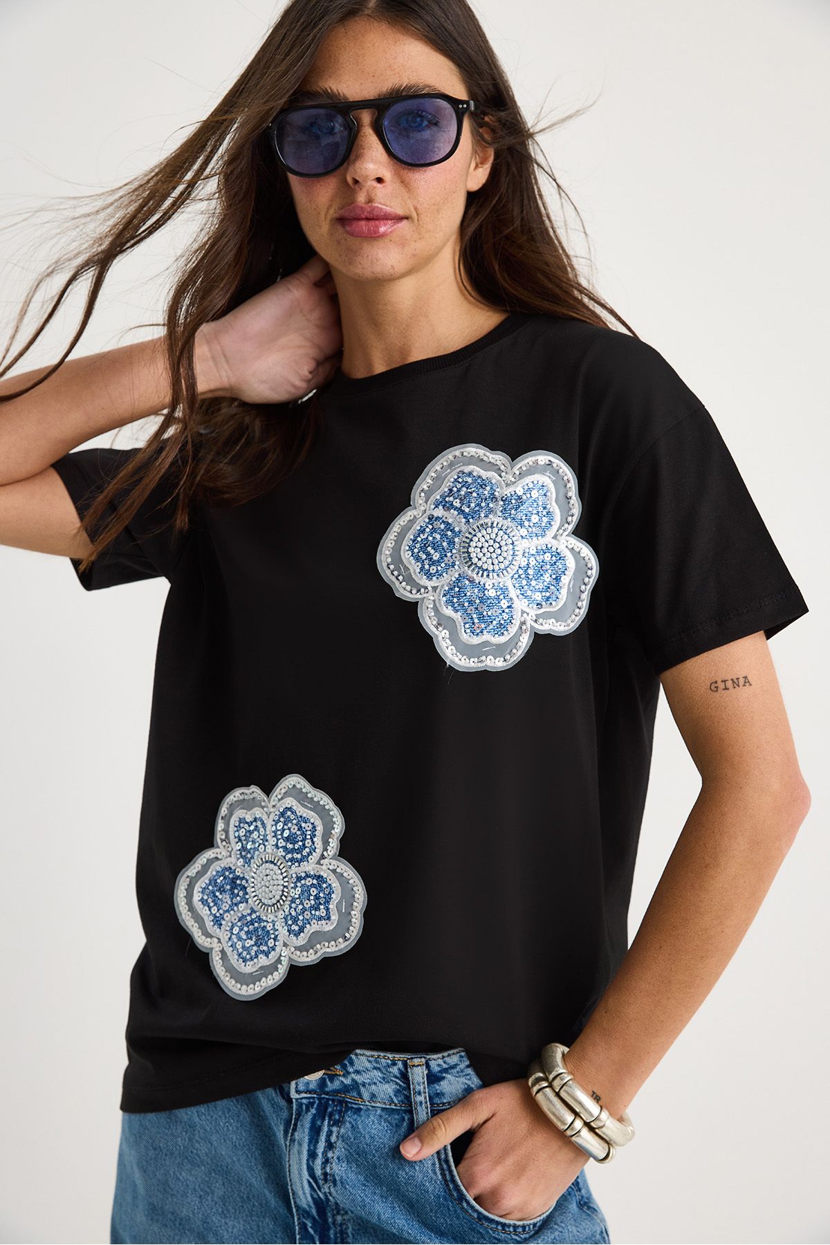 Bianco Lucci Çiçek Taş Aksesuarlı Kısa Kollu Bisiklet Yaka T-Shirt 60602059