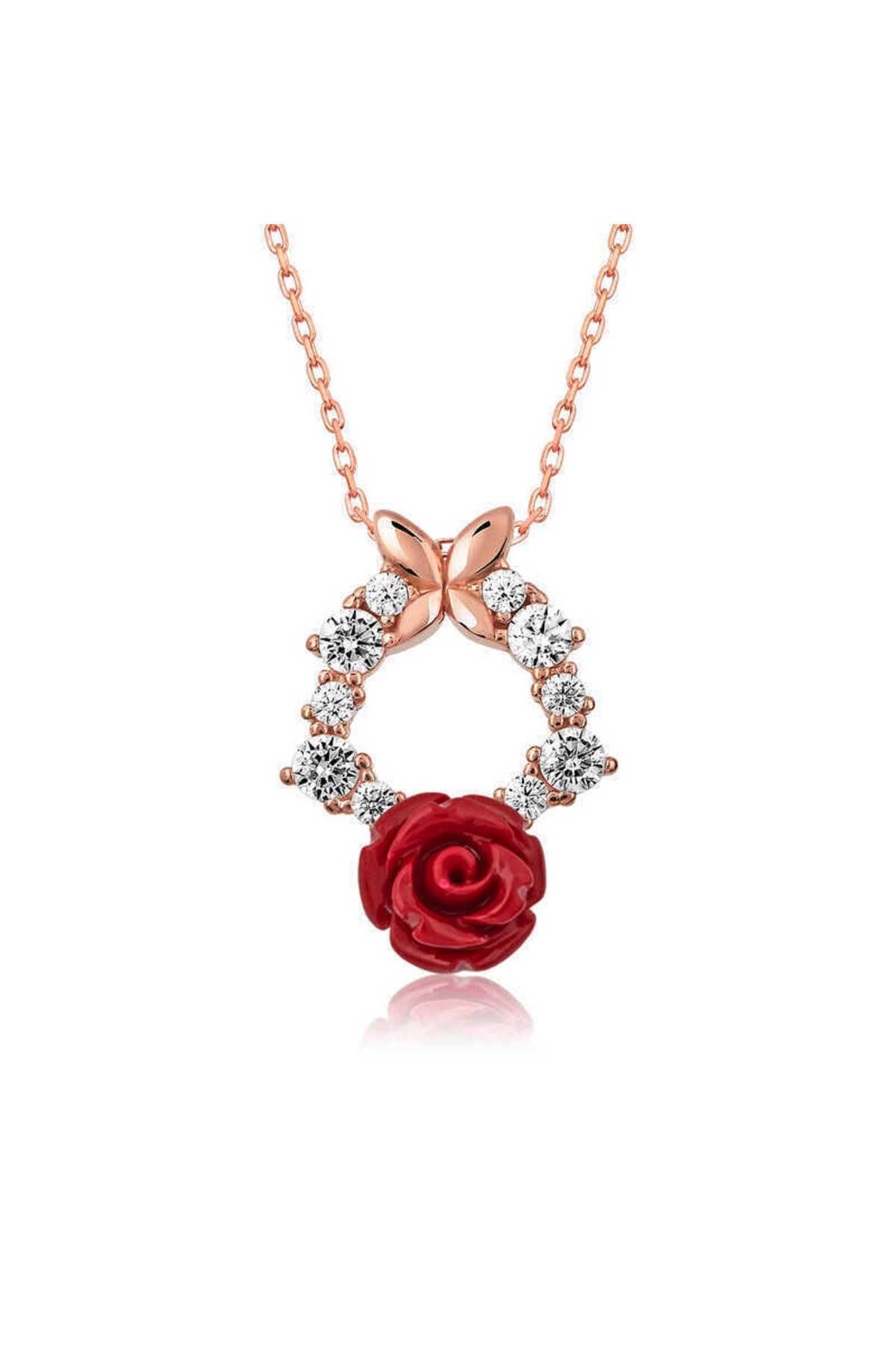 ecepazarlama Gümüş Rose Kırmızı Gül Kolye