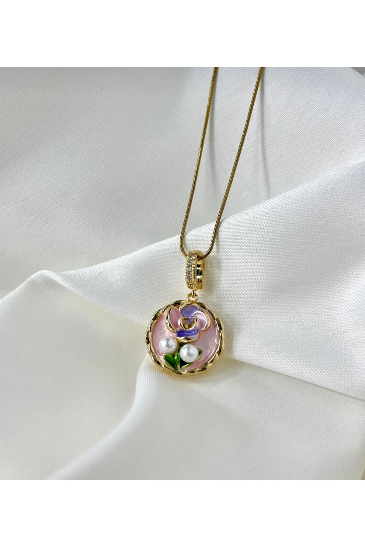 nergis collection Vintage Kabartmalı Sanat Kolye Kadın Pembe Çelik Çiçekli Kolye