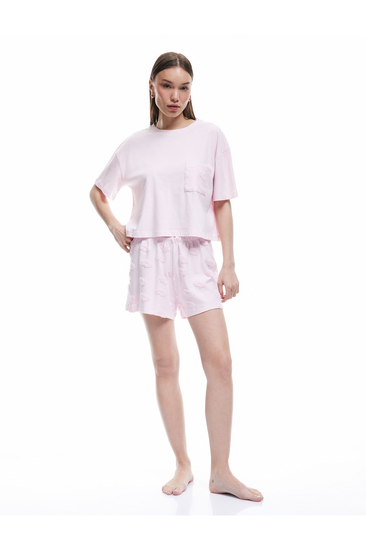 Koton Pamuklu Bisiklet Yaka Kısa Kollu Çiçekli Şortlu Pijama Takımı