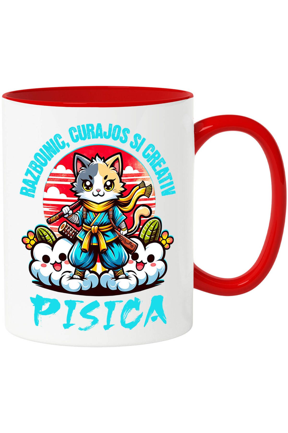 StoryGift Romania Cana Cu Pisica Cu Tinuta Si Sabii De Ninja Motan Text Razboinic Curajos Si Creat, Cu Maner Rosu - One Size