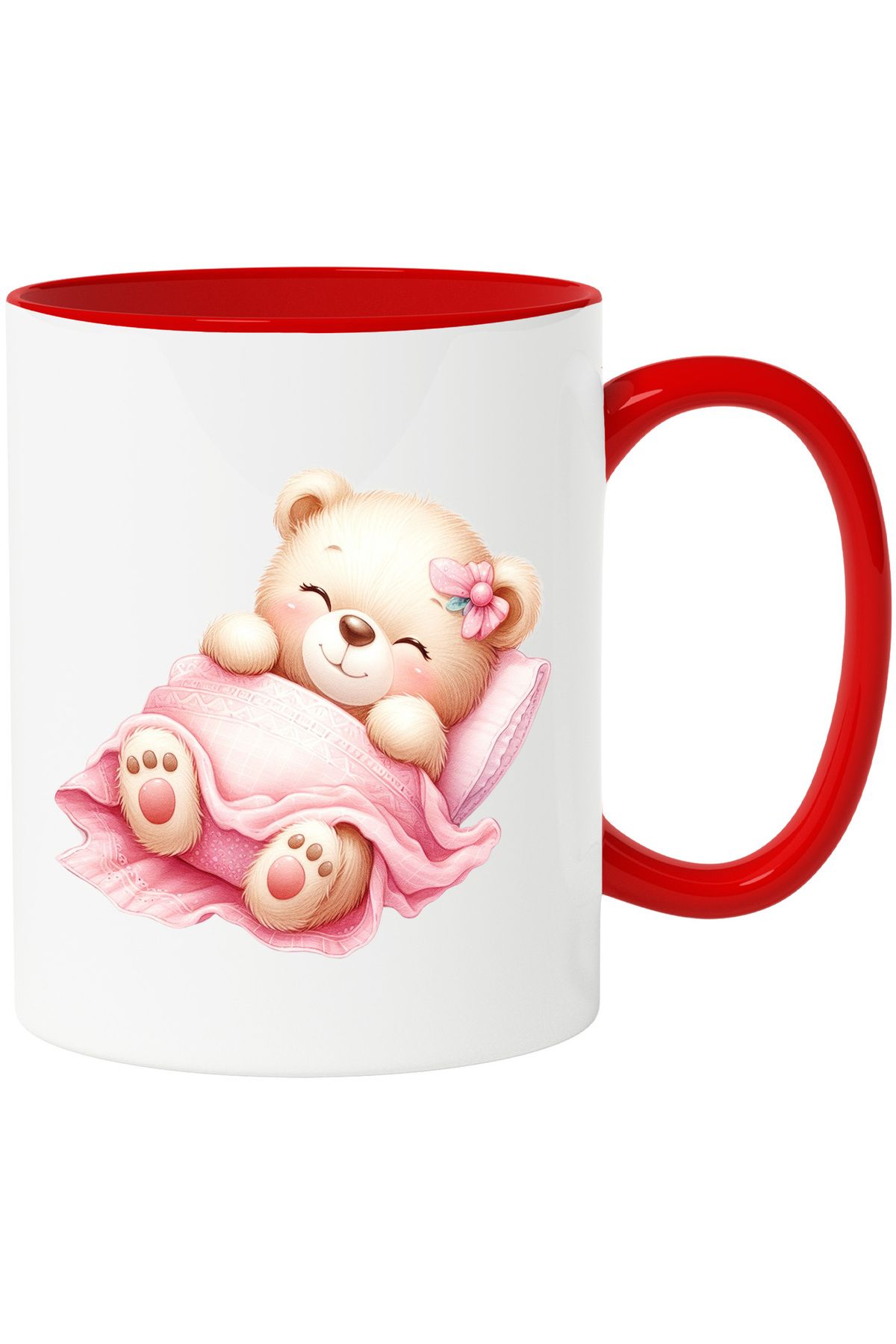 StoryGift Romania Cana Cu O Ursoaica | Ilustratie | Zambeste | Doarme | Paturica | Perna | Imbujor, Cu Maner Rosu - One Size