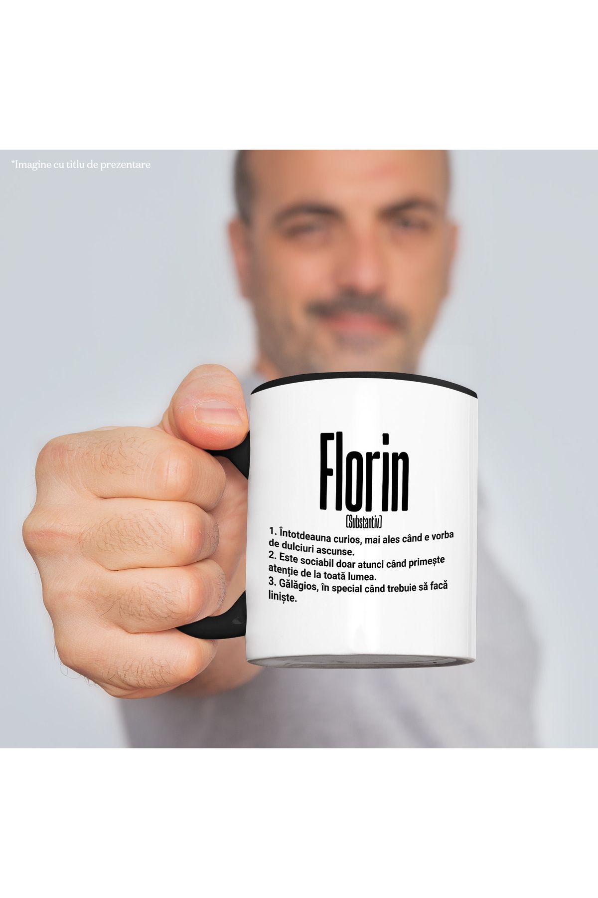 StoryGift Romania-Mug With Name Florin, With Funny Message, Curious, Sociable, Noisy, 330ml, Wax, With Black Handle 2