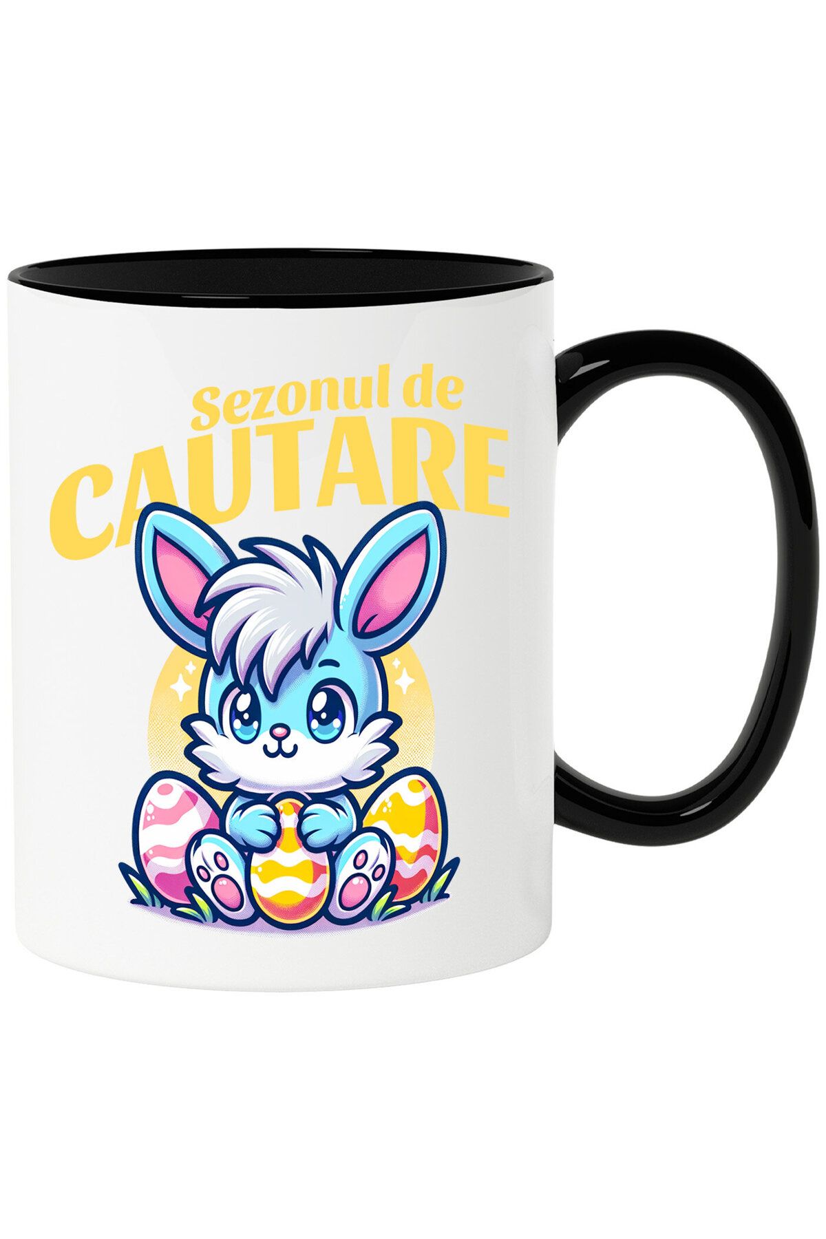 StoryGift Romania Cana Cu Iepure Albastru Cu Freza Si Oua Colorate De Paste Text Sezonul De Cautar, Cu Maner Negru - One Size