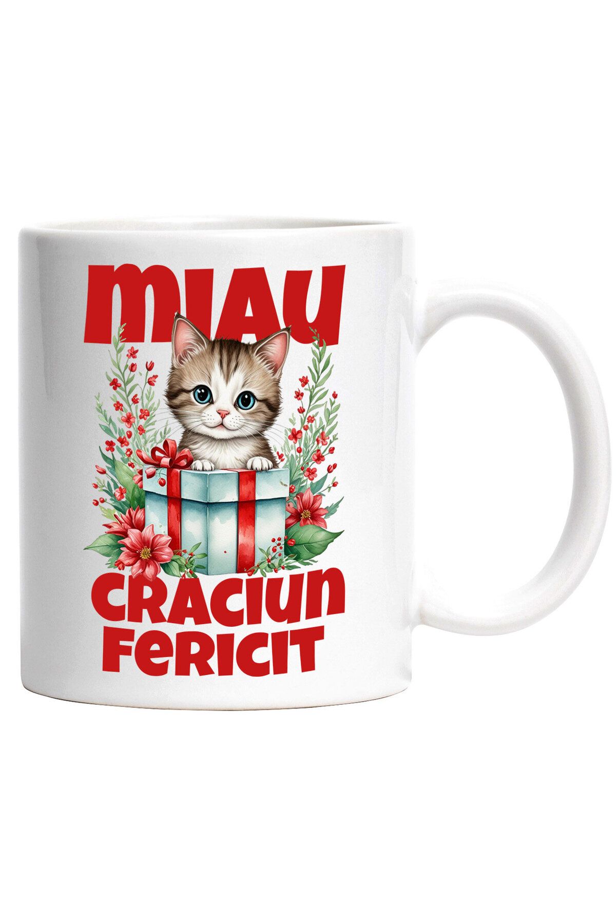 StoryGift Romania Cana Cu Pisica In Cutie De Cadou Text Miau Craciun Fericit Flori Colorate, Ceram, Cu Maner Alb - One Size