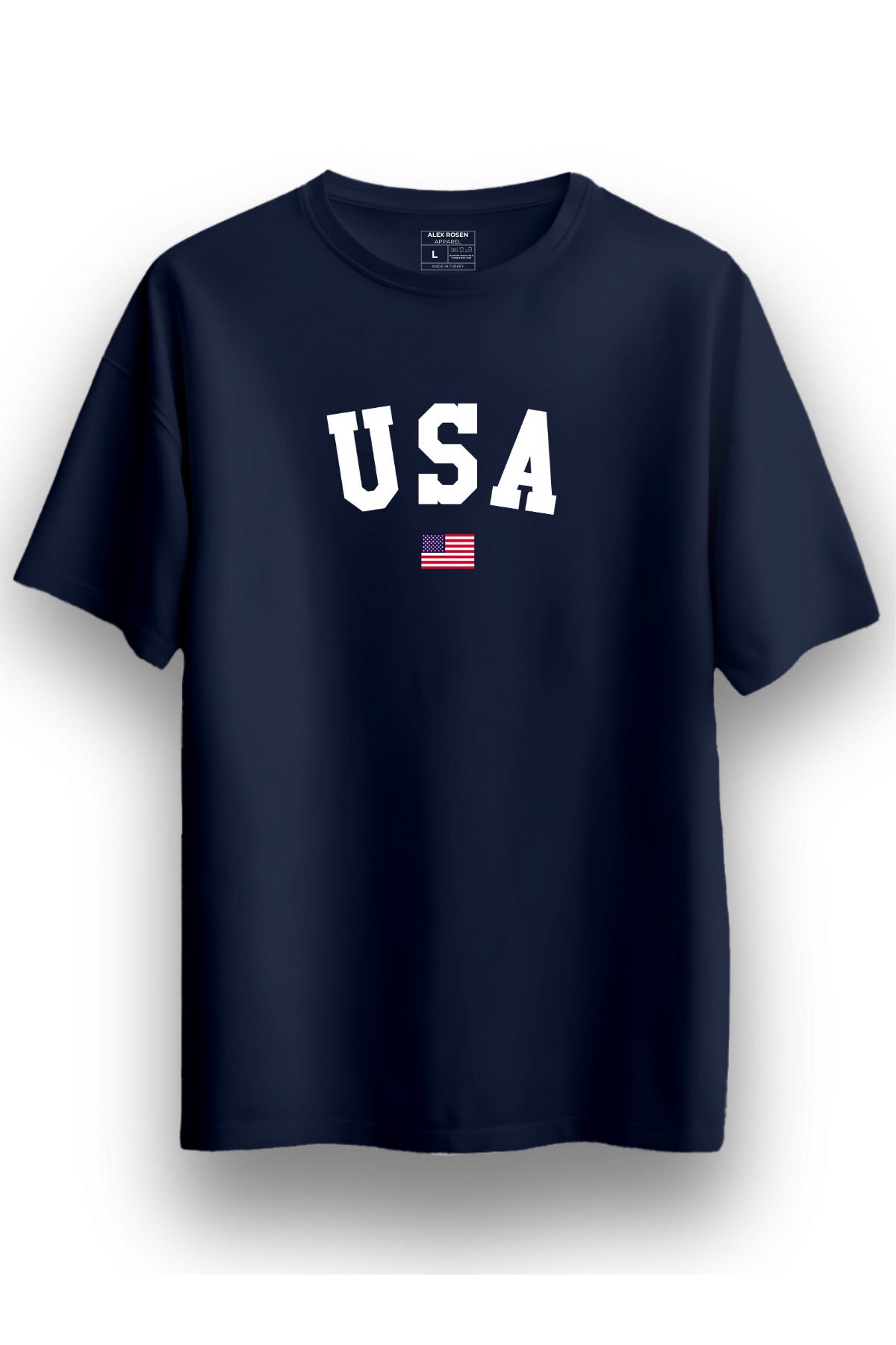 Alex Rosen Unisex Oversize Bisiklet Yaka USA Baskılı Kısa Kollu Lacivert Tişört