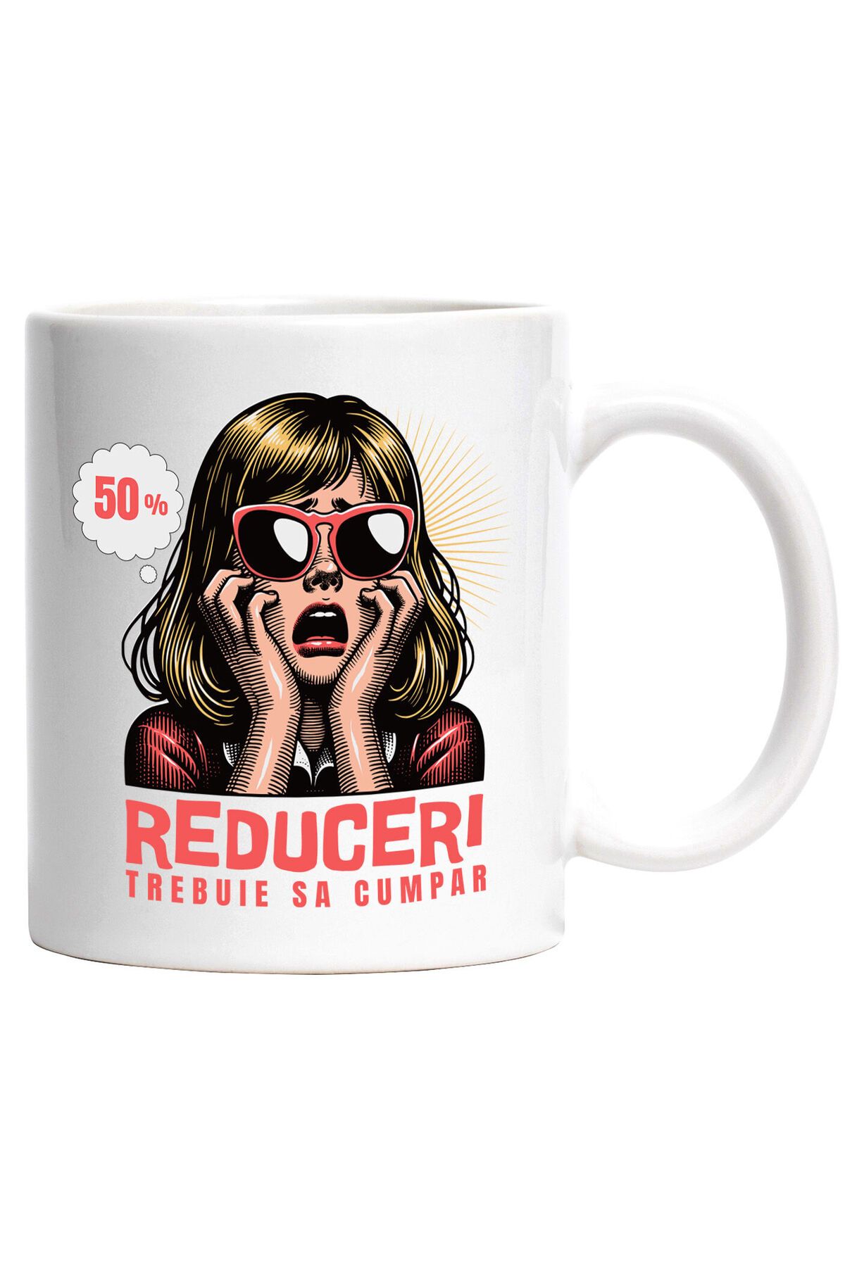StoryGift Romania Cana Cu Fata Disperata Blonda Stil Retro Cu Ochelari De Soare Text Reduceri Treb, Cu Maner Alb - One Size