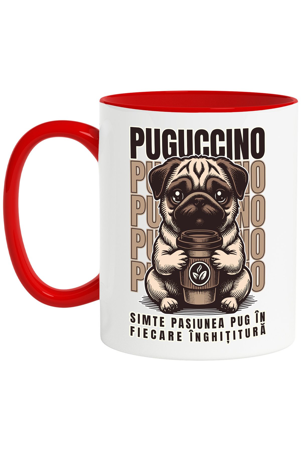 StoryGift Romania Cana Cafea Puguccino. Pug Dog Cappuccino, 330ml, Ceramic Cu Maner Rosu, Cu Maner Rosu - One Size
