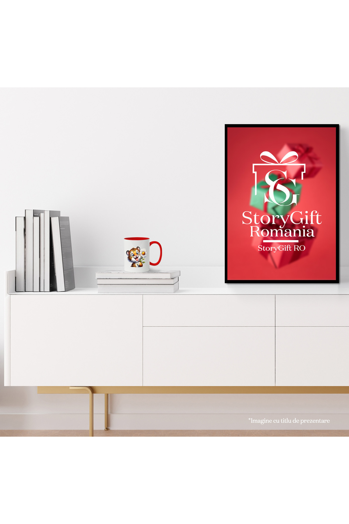 StoryGift Romania-Mug with a playful tiger cub, illustration, holding a white flower, curious, animal, With 4