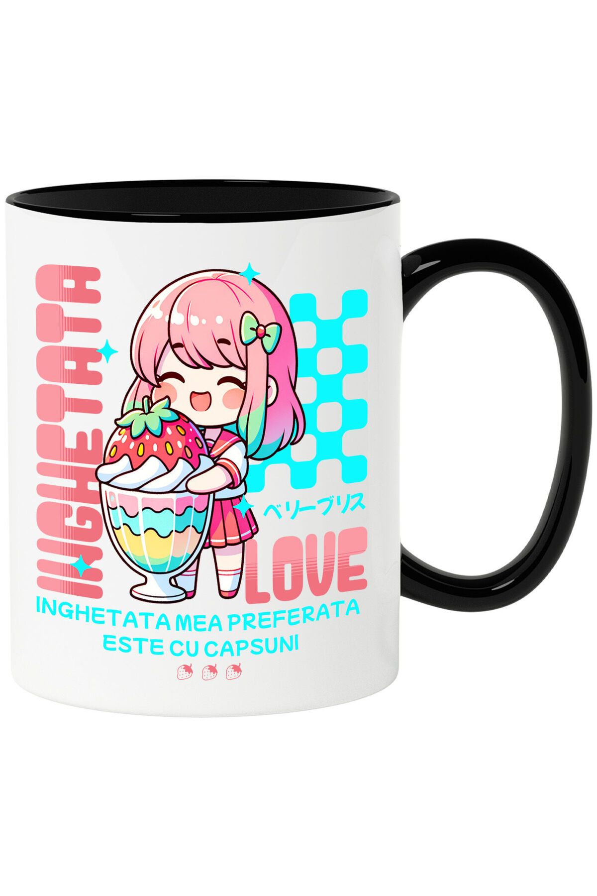 StoryGift Romania Cana Cu Fata Stil Anime Cu Pahar Imens De Milkshake Si Capsuna Text Inghetata, C, Cu Maner Negru - One Size