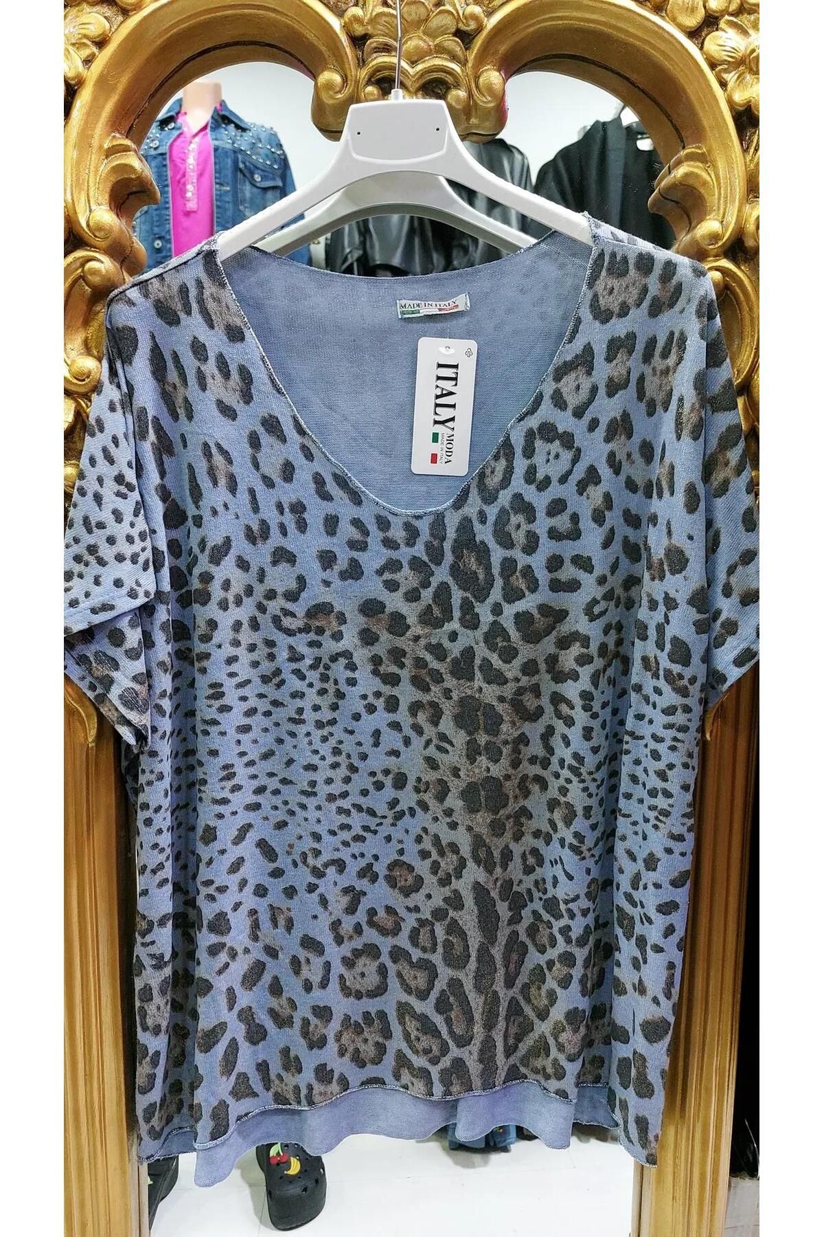 Butik Ayseba Kadın Varaklı Leopar Desen Kısa Kol İtalyan Bluz