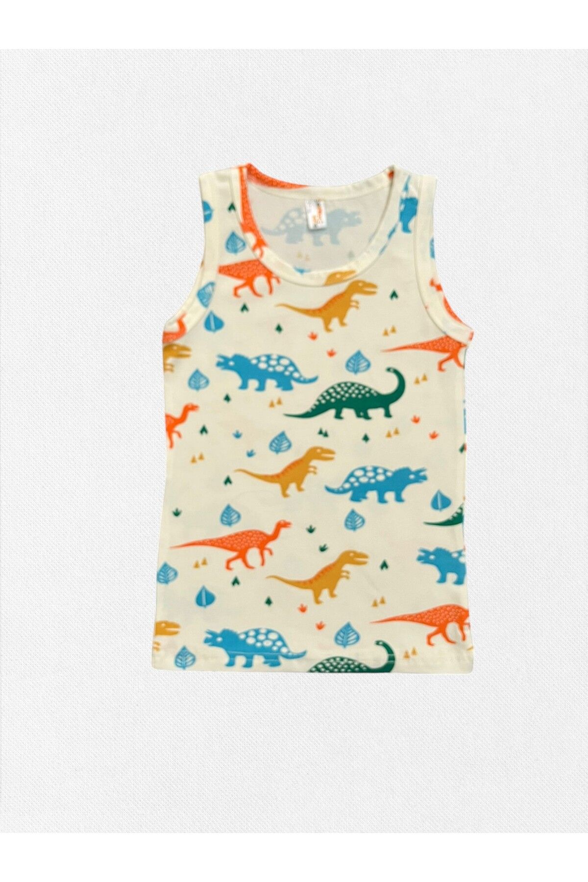 elmas kids-Boy's 100% Cotton Colorful Dinosaurs Patterned Ecru Undershirt Boxer Set with Stitched Mesh Part 3