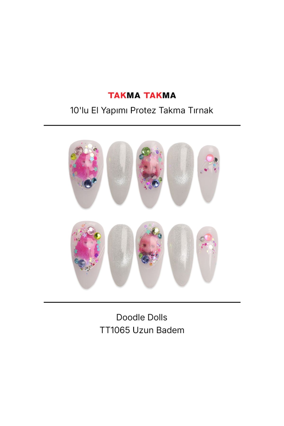 Takma Takma Doodle Dolls - 10'lu Tekrar Kullanılabilir El Yapımı Protez Takma Tırnak L-Beyaz