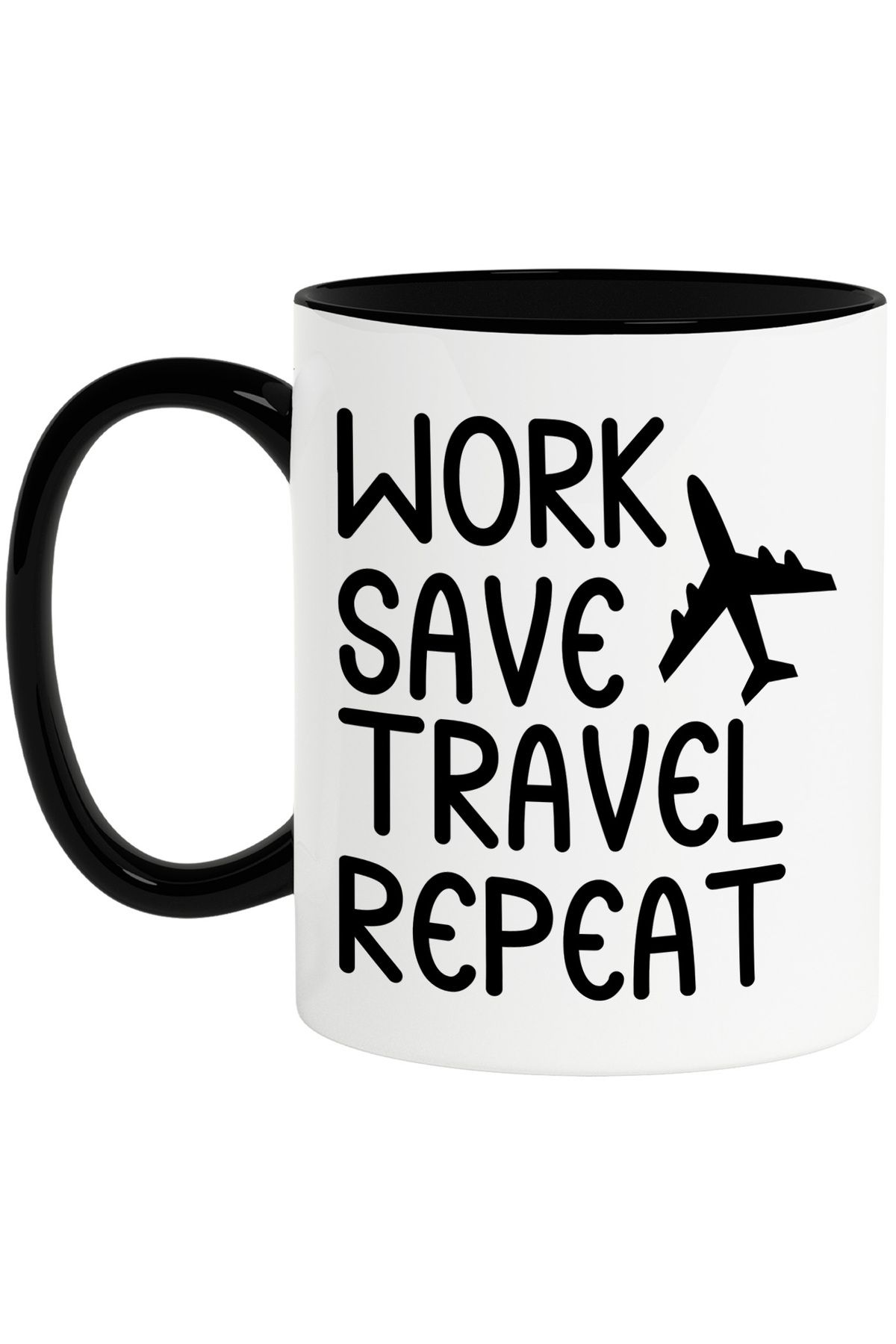 StoryGift Romania Cana Cu Un Avion Si Textul In Engleza "work, Save, Travel, Repeat" - Munciti, Ec, Cu Maner Negru - One Size