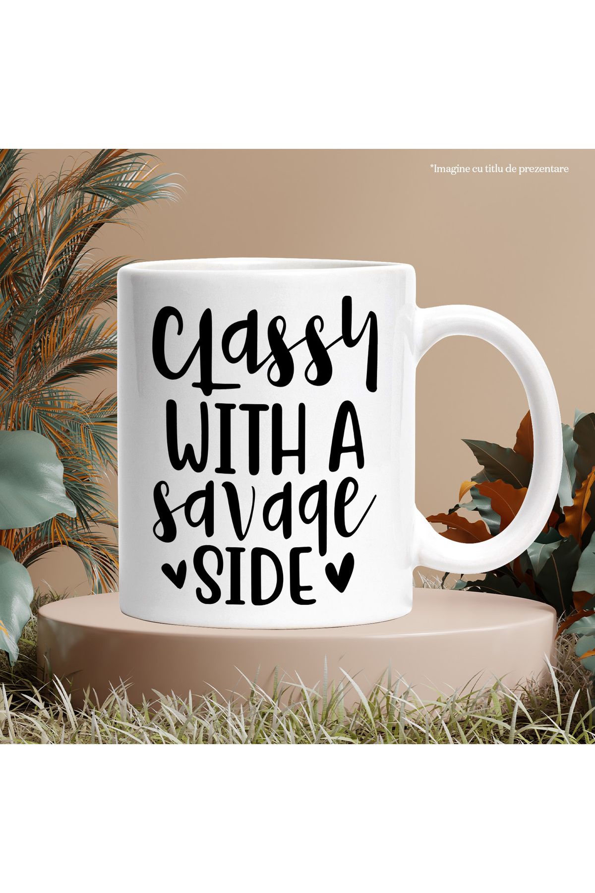 StoryGift Romania-Mug with the text "Elegance with a Wild Side" - hearts with White Handle, With White Handle 2