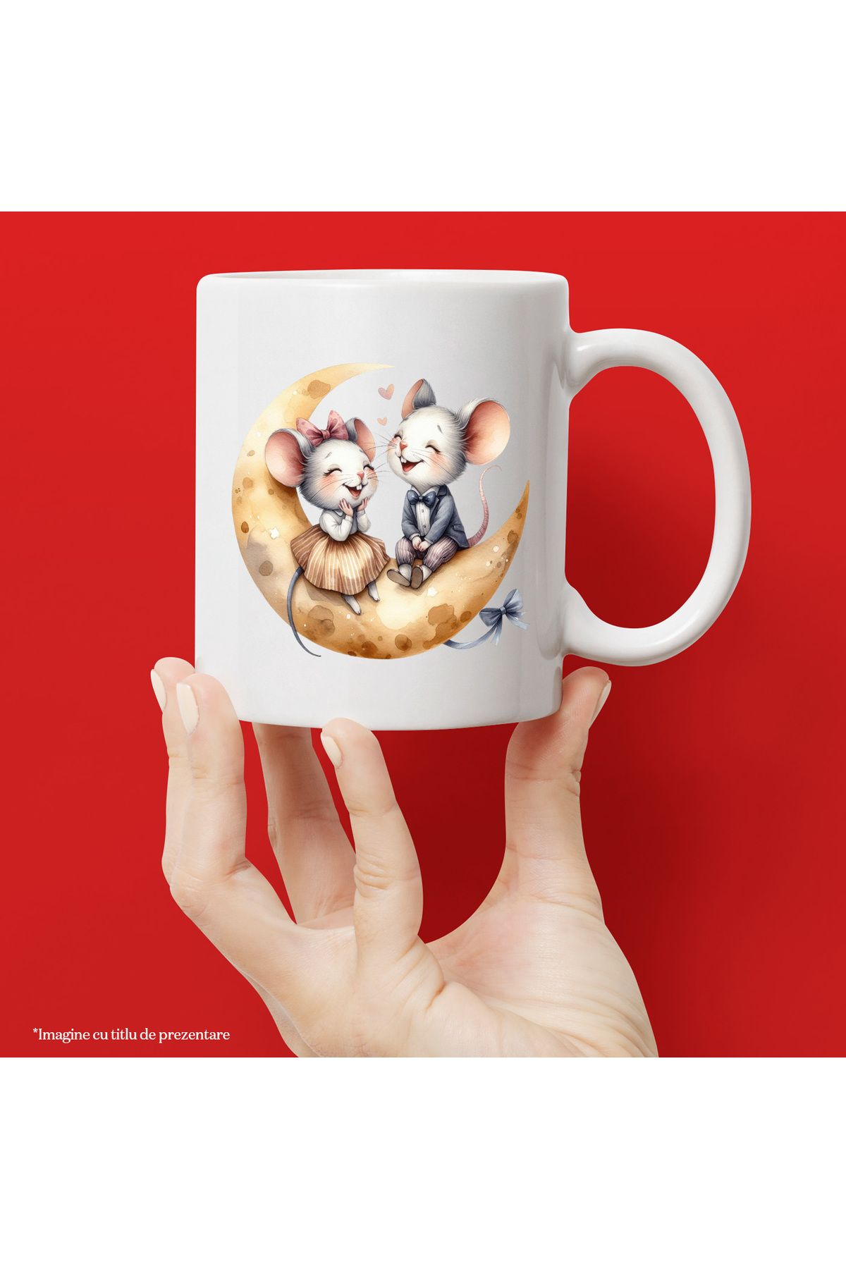 StoryGift Romania Cana Cu 2 Soricei Care Stau Pe Semiluna, Ilustratie, Inimioare, Rad, Se Simt Bin, Cu Maner Alb - One Size