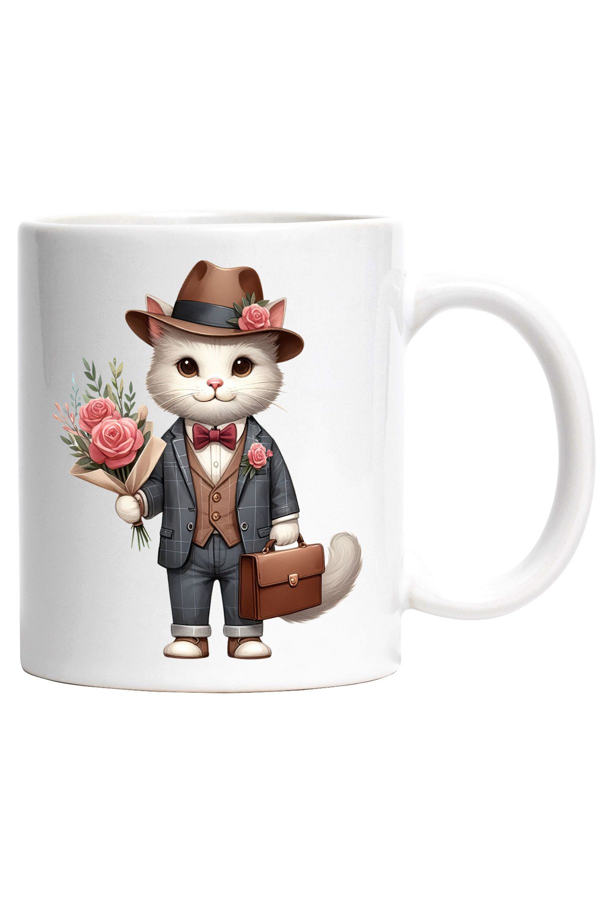 StoryGift Romania Cana Cu Un Motan Alb La Costum Care Tine Un Buchet Cu Trandafiri Si O Servieta |, Cu Maner Alb - One Size