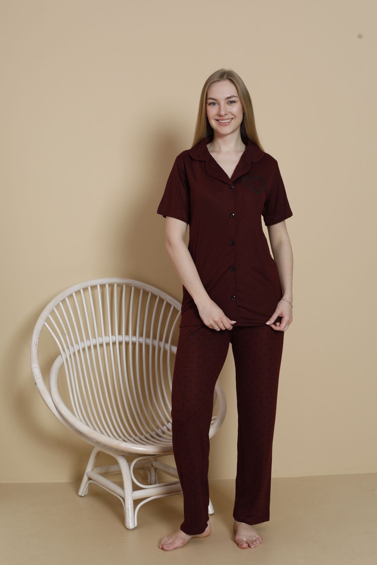 Mira Homewear Düğmeli Önü Baskılı Kısa Kol Kadın Pijama Takımı MR002