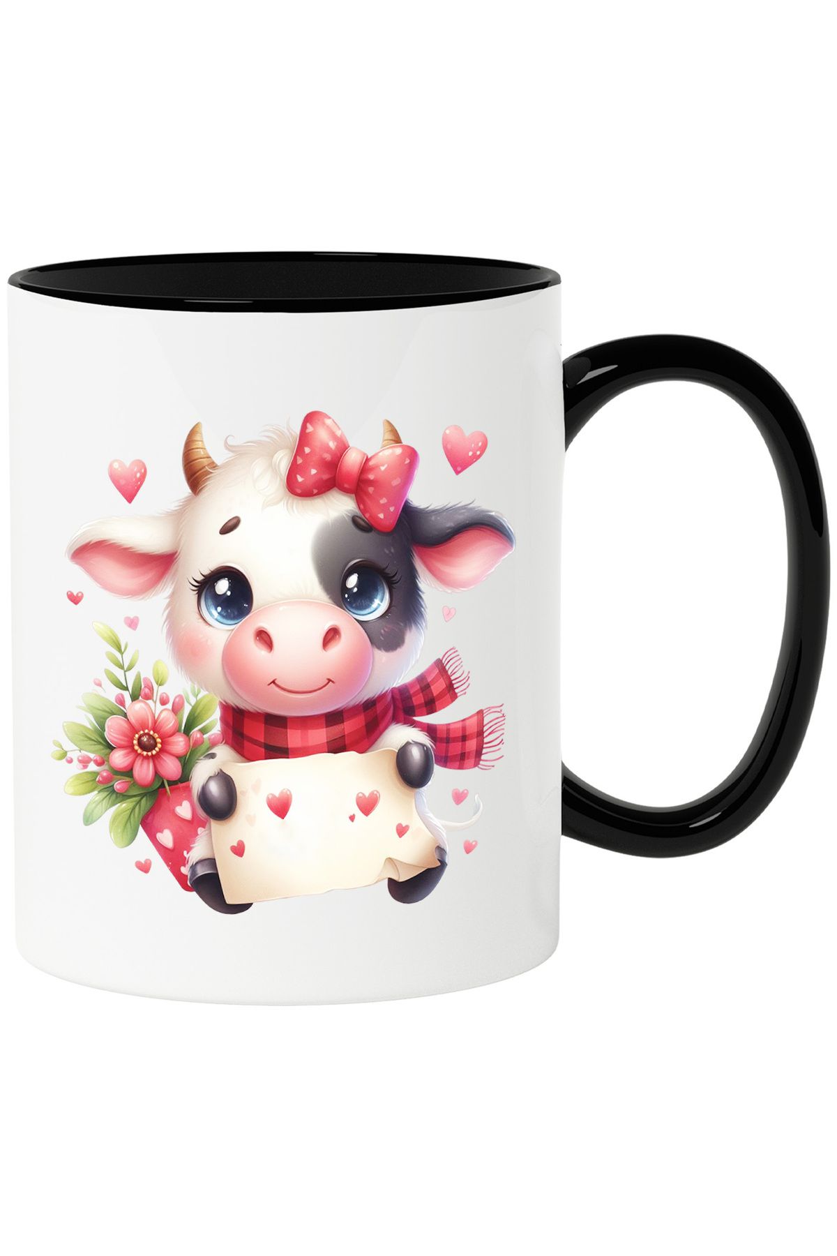 StoryGift Romania Cana Cu O Vacuta Vesela Care Tine O Scrisoare | Ilustratie | Inimioare | Cadou |, Cu Maner Negru - One Size